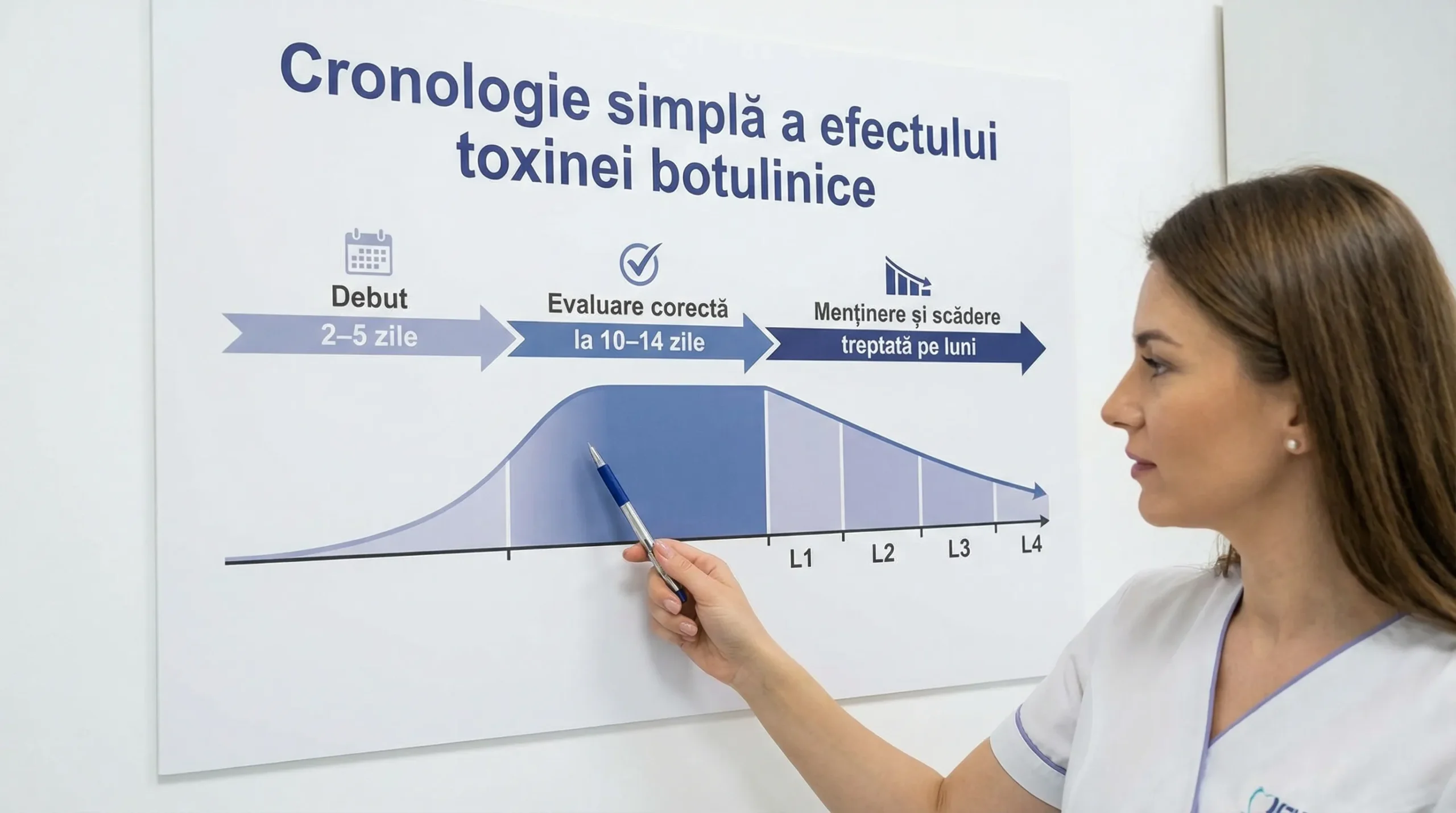 De ce toxina botulinică nu ține uneori: cauze și soluții reale Cronologie simplă a efectului toxinei botulinice, cu repere pe zile: debut 2–5 zile, evaluare corectă la 10–14 zile, apoi menținere și scădere treptată pe luni.