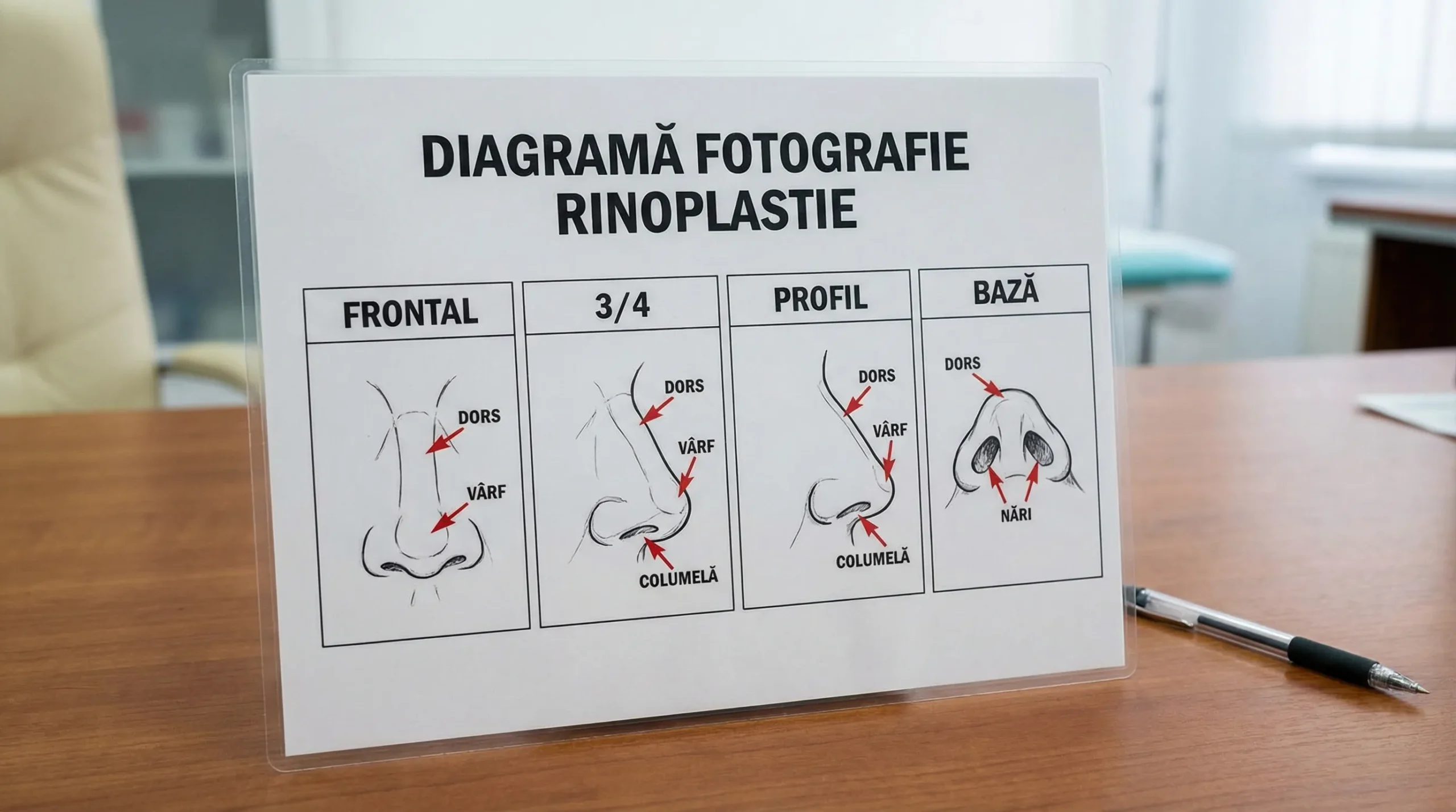 Diagramă simplă cu cele 4 unghiuri standard de fotografie la rinoplastie (frontal, 3/4, profil, bază) și zonele principale evaluate: dors, vârf, columelă, nări.