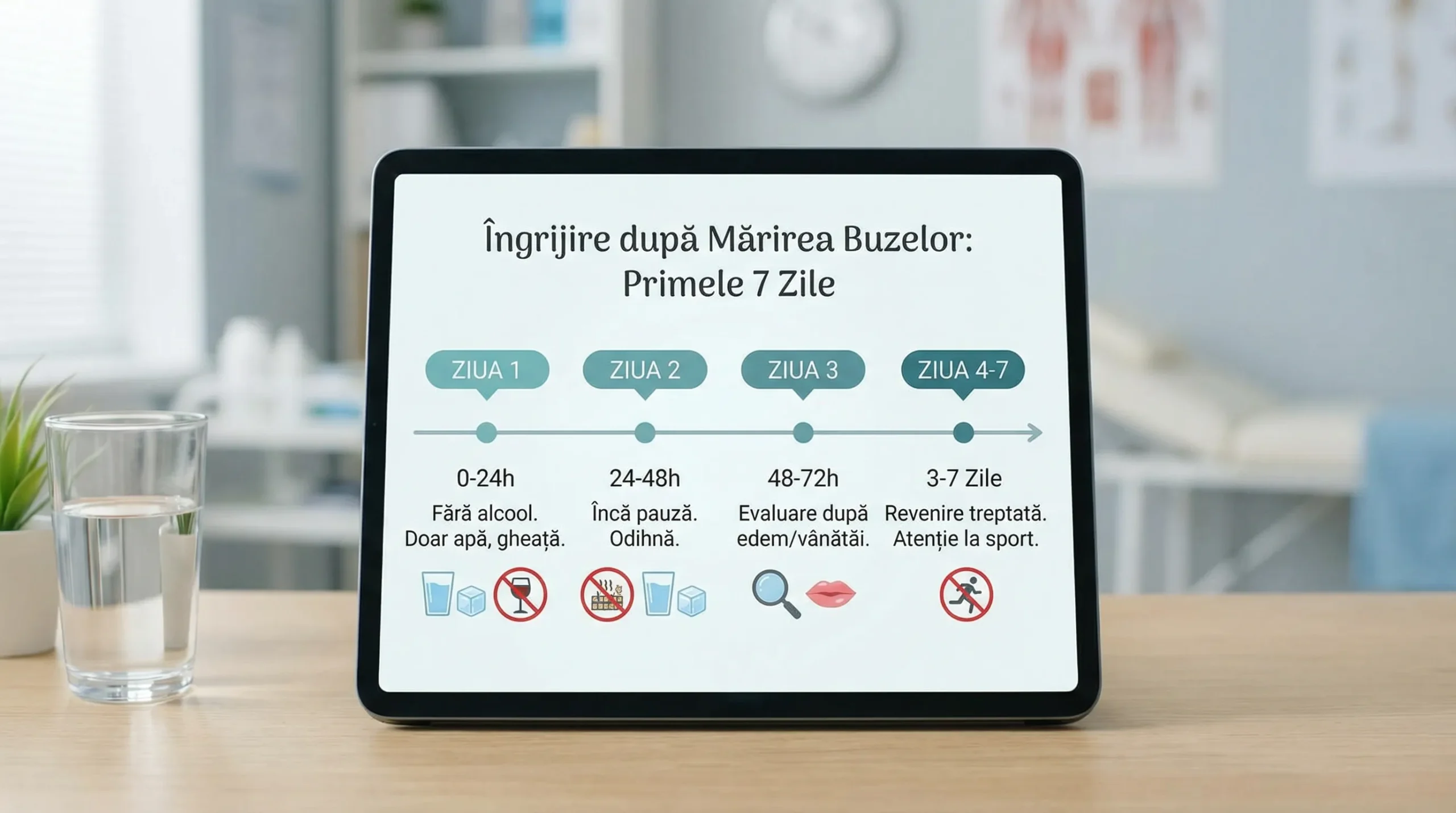 Ilustrație tip „timeline” cu primele 7 zile după mărirea buzelor: 0–24h fără alcool, 24–48h încă pauză, 48–72h evaluare după edem/vânătăi, 3–7 zile revenire treptată. Include pictograme simple pentru apă, gheață, pahar de alcool tăiat, saună tăiată și sport tăiat.