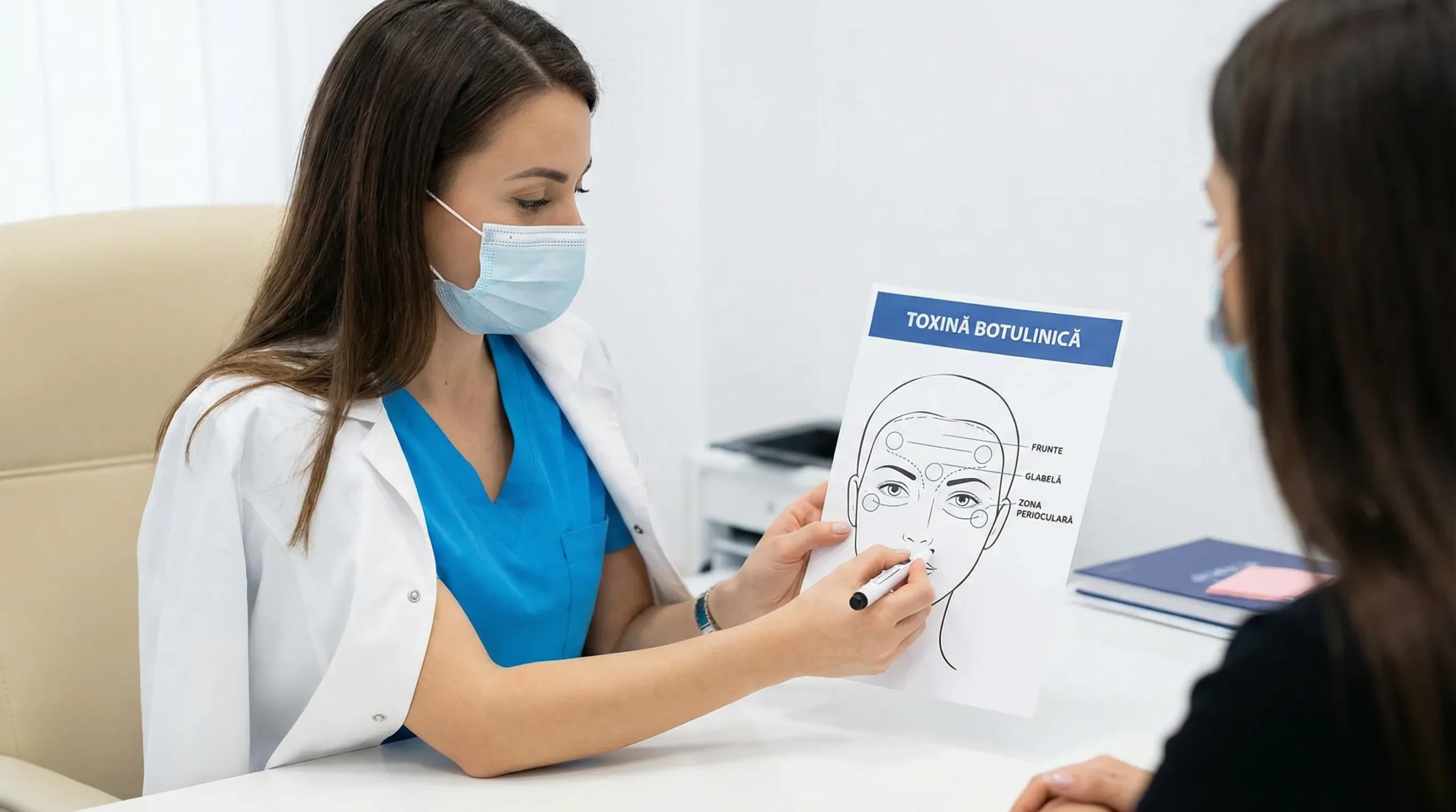 De ce toxina botulinică nu ține uneori: cauze și soluții reale Medic desenând schematic zonele faciale de tratament cu toxină botulinică pe o fișă de consultație, cu repere pentru frunte, glabelă și zona perioculară.