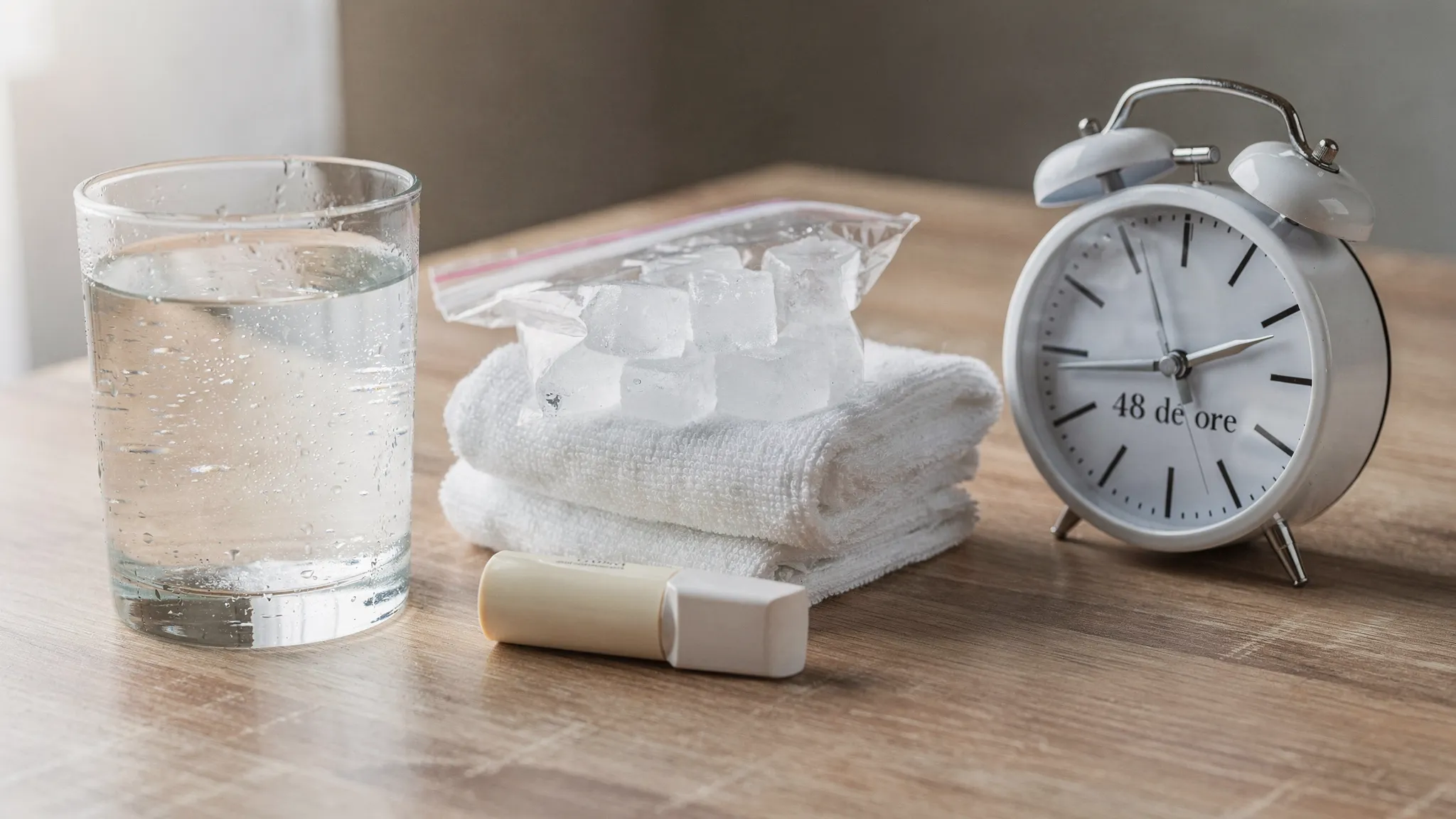 Un set de obiecte pe o masă: un pahar cu apă, o pungă de gheață în prosop, un balsam de buze simplu și un ceas care arată 48 de ore, sugerând îngrijirea post-procedură și pauza de alcool.