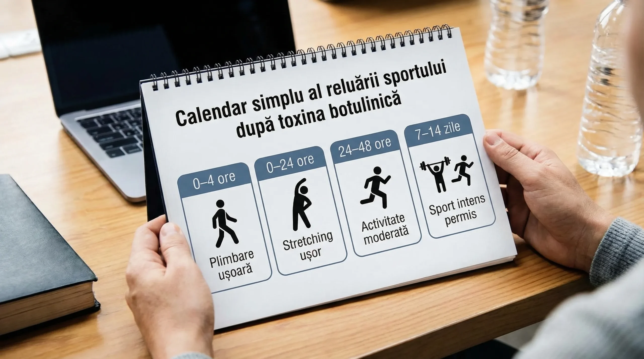 Calendar simplu al reluării sportului după toxina botulinică, cu ferestre 0–4 ore, 0–24 ore, 24–48 ore și 7–14 zile, plus exemple de activități permise.