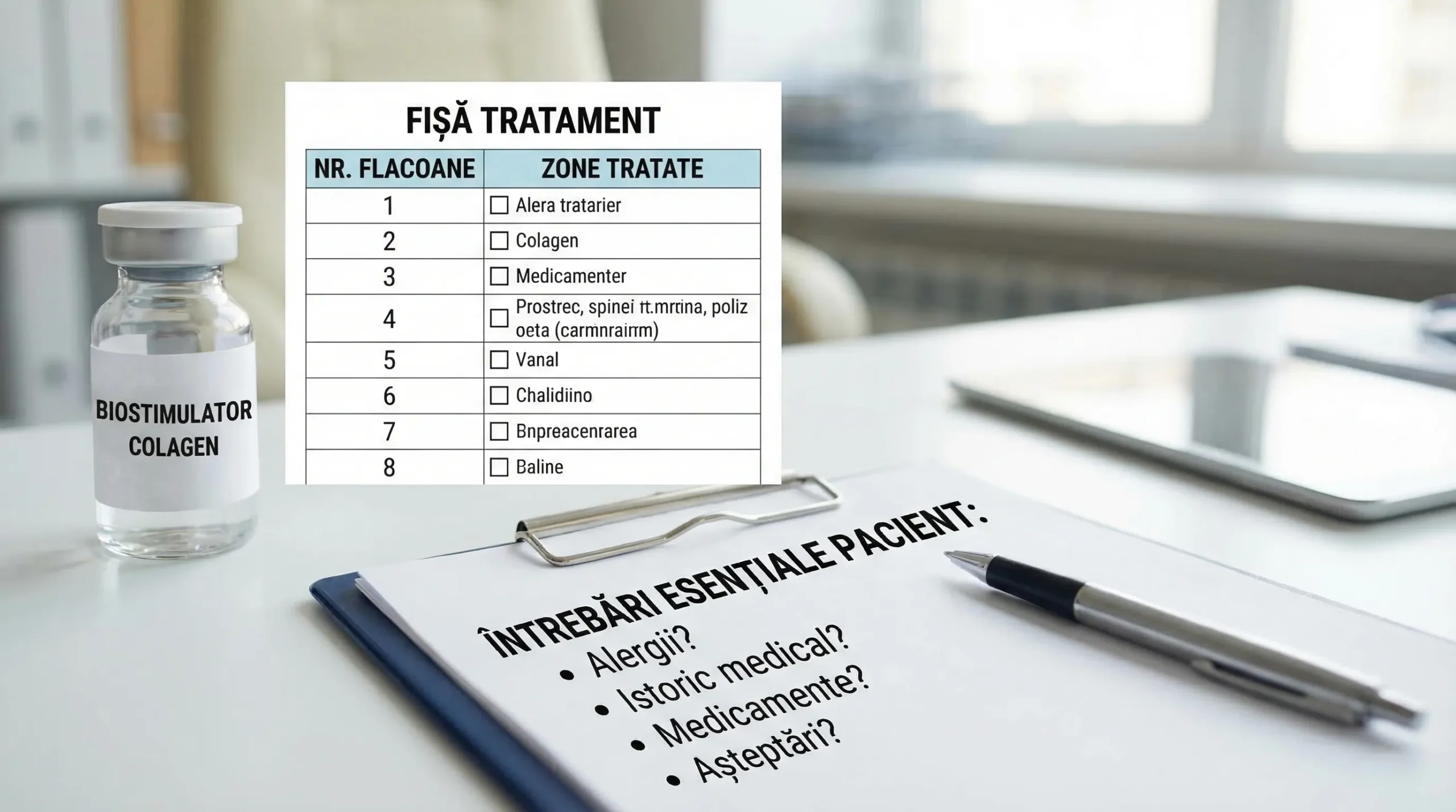 Colaj informativ care compară un flacon de biostimulator de colagen, o fișă cu număr de flacoane și zone tratate, plus o listă scurtă de întrebări esențiale pentru pacient înainte de tratament.