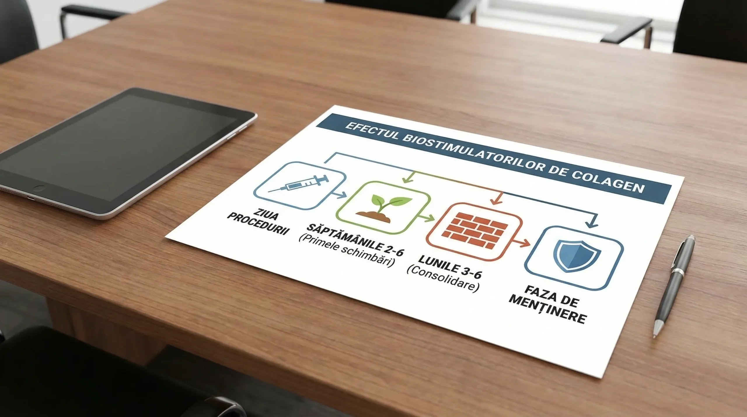 Diagramă cronologică simplă a efectului biostimulatorilor de colagen: ziua procedurii, săptămânile 2-6 (primele schimbări), lunile 3-6 (consolidare), apoi faza de menținere.