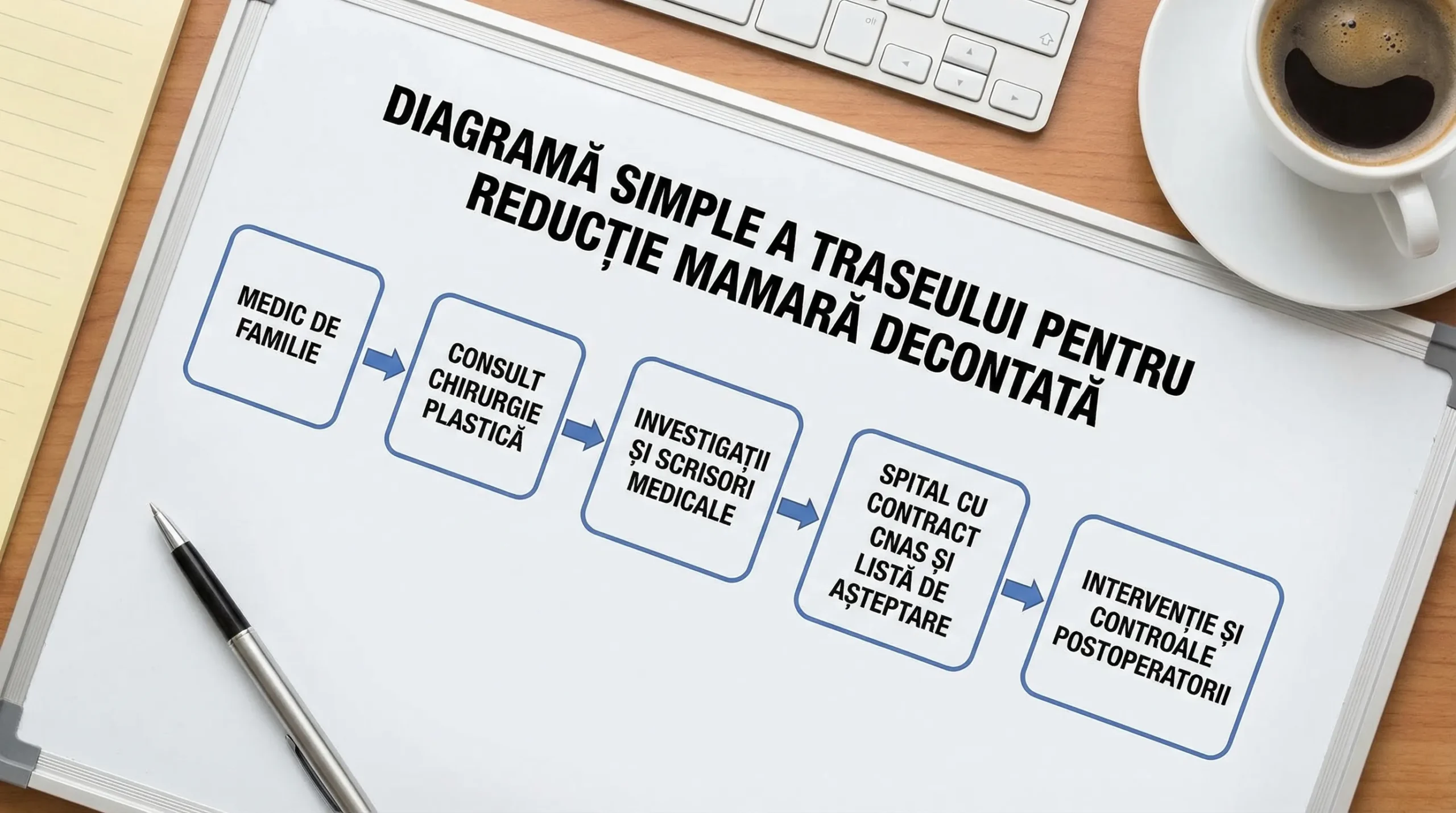 Diagramă simplă a traseului pentru reducție mamară decontată: medic de familie, consult chirurgie plastică, investigații și scrisori medicale, spital cu contract CNAS și listă de așteptare, intervenție și controale postoperatorii.