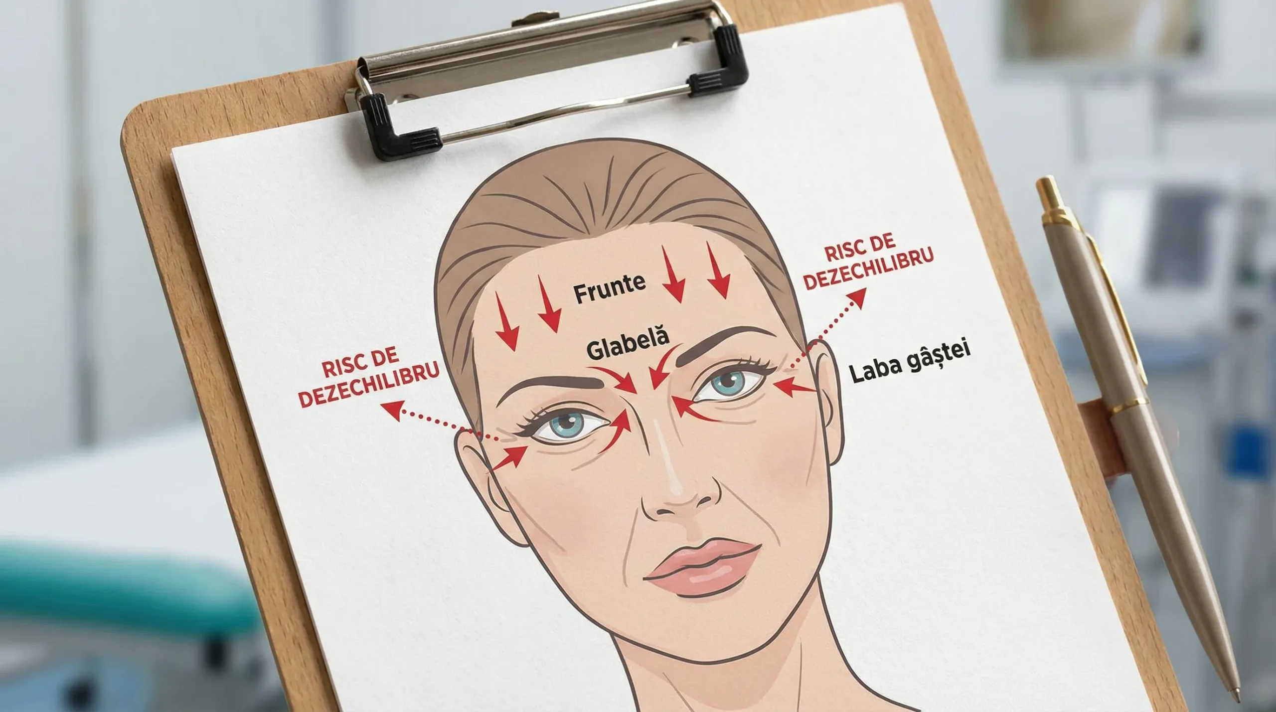 Diagramă simplă a zonelor frecvente pentru toxină botulinică la nivelul feței: frunte, glabelă (între sprâncene), „laba gâștei”, cu săgeți care sugerează direcția forțelor musculare și riscul de dezechilibru.