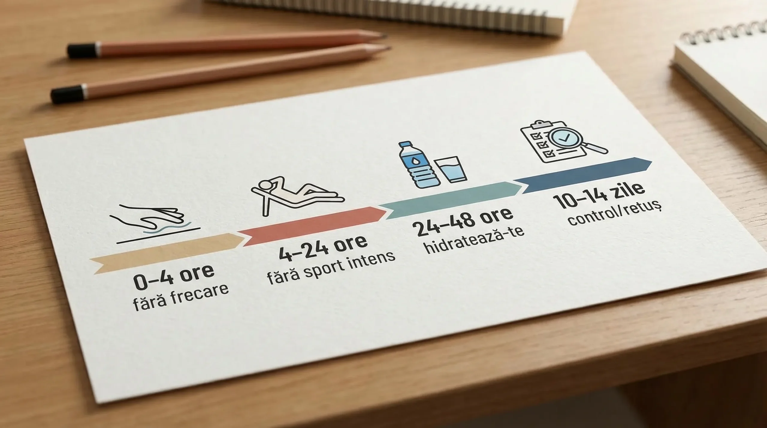 Diagramă simplă tip „timeline” cu patru segmente: 0–4 ore, 4–24 ore, 24–48 ore, 10–14 zile, fiecare cu pictograme pentru „fără frecare”, „fără sport intens”, „hidratează-te”, „control/retuș”.