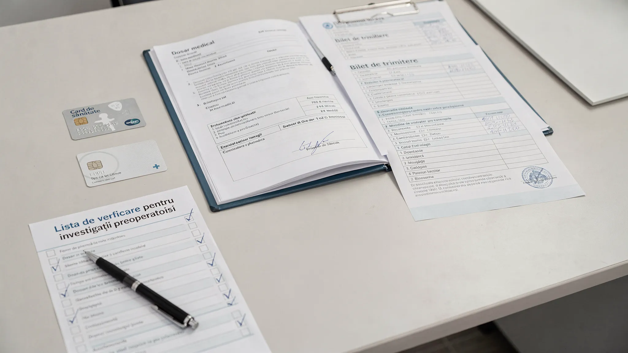 Fotografie sugestivă cu un dosar medical, card de sănătate, bilet de trimitere și o listă de verificare pentru investigații preoperatorii, așezate pe un birou medical.