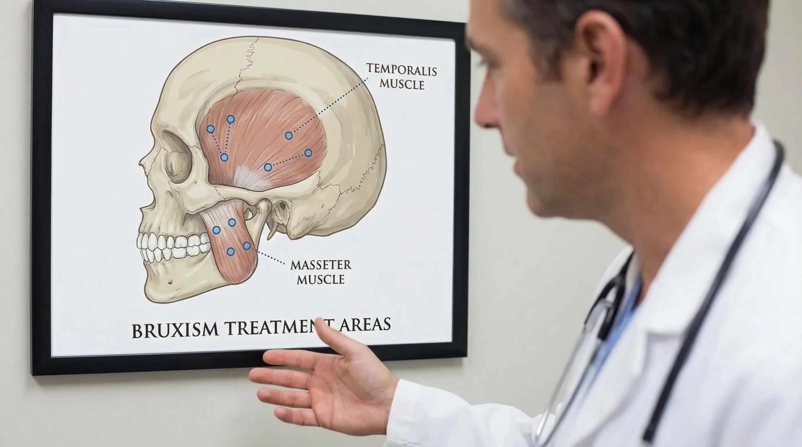 Ilustrație medicală a maxilarului, evidențiind mușchiul maseter și mușchiul temporal, cu marcaje discrete ale zonelor uzuale de injectare pentru bruxism.