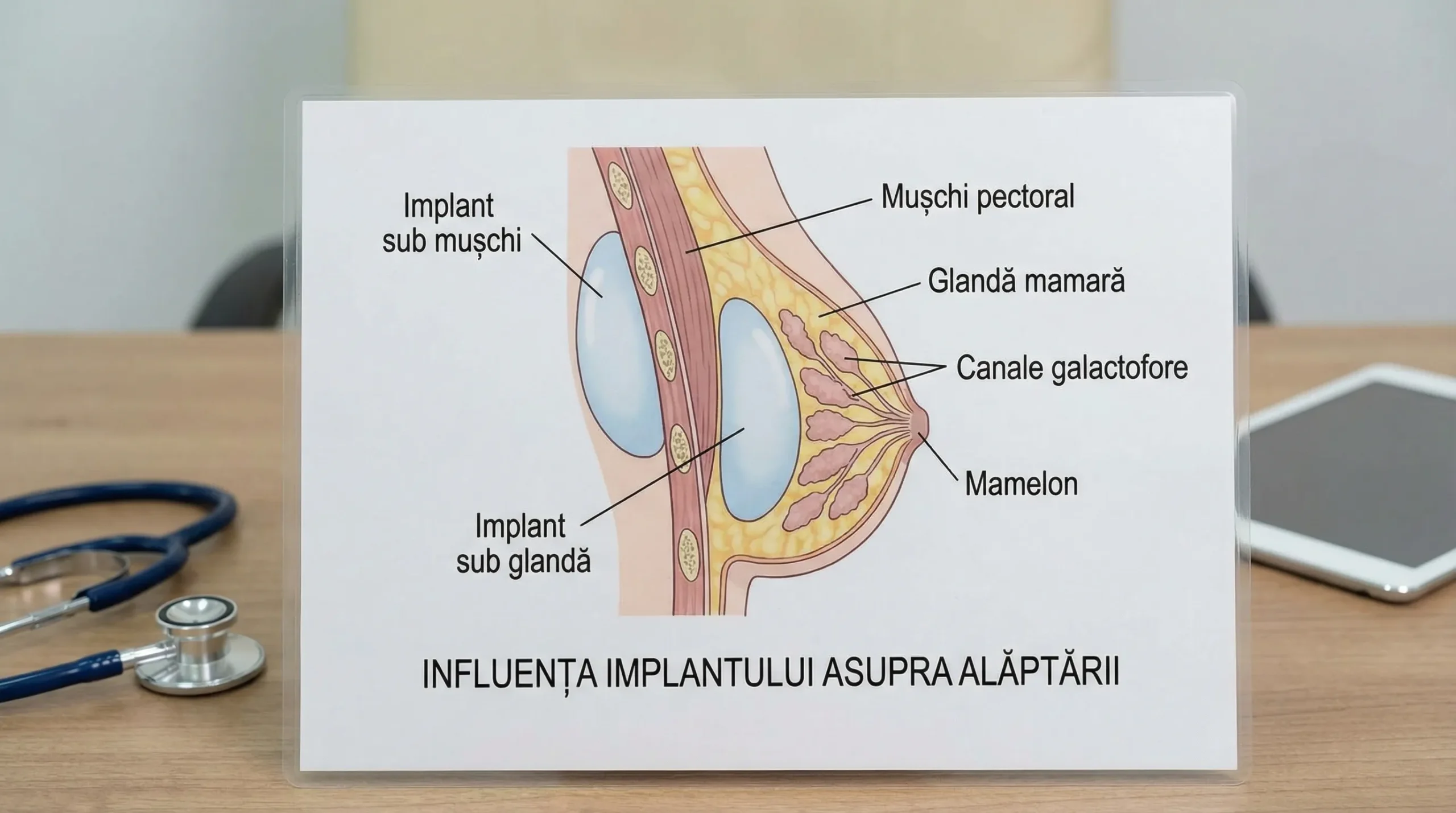 Ilustrație medicală simplă a sânului în secțiune: implant plasat sub mușchi și sub glandă, canale de lapte și mamelon, cu etichete clare pentru a înțelege de ce poziția implantului poate influența alăptarea.