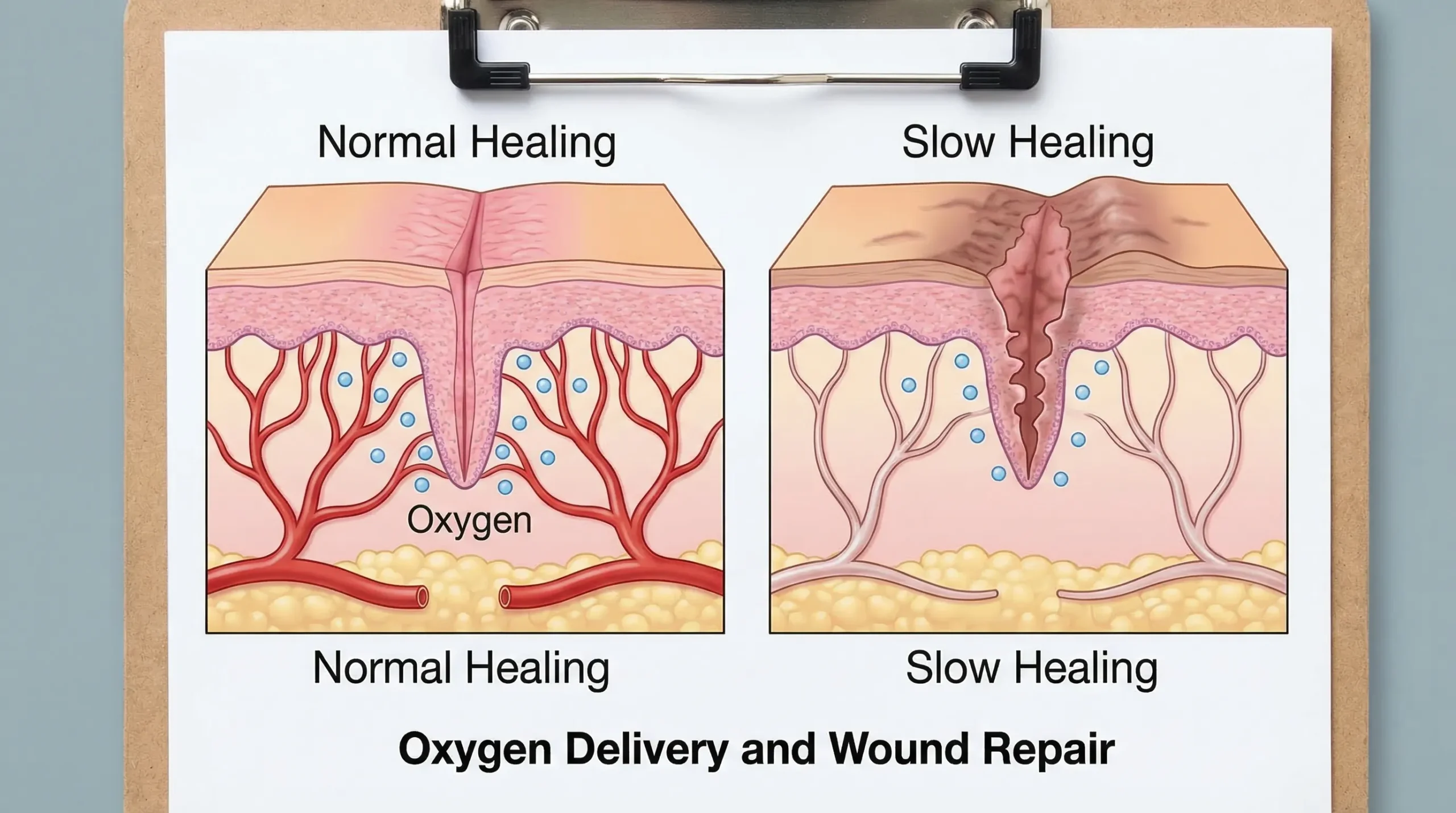 Ilustrație medicală simplă: două secțiuni comparate de piele și vase de sânge. În prima, vasele sunt dilatate și duc oxigen către o incizie care se vindecă normal. În a doua, vasele sunt îngustate (vasoconstricție) și oxigenarea este redusă, iar incizia se vindecă lent, cu risc mai mare de deschidere și cicatrice inestetică.