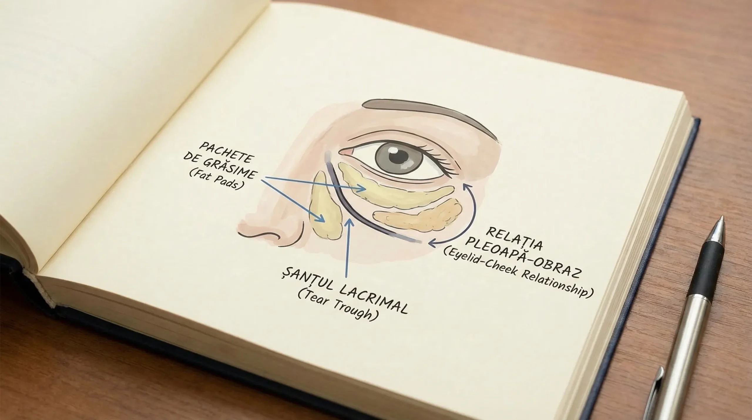 Blefaroplastie inferioară: când ai nevoie și ce rezultate vezi Ilustrație medicală simplificată a pleoapei inferioare, cu evidențierea pachetelor de grăsime, șanțului lacrimal (tear trough) și relației dintre pleoapă și obraz.