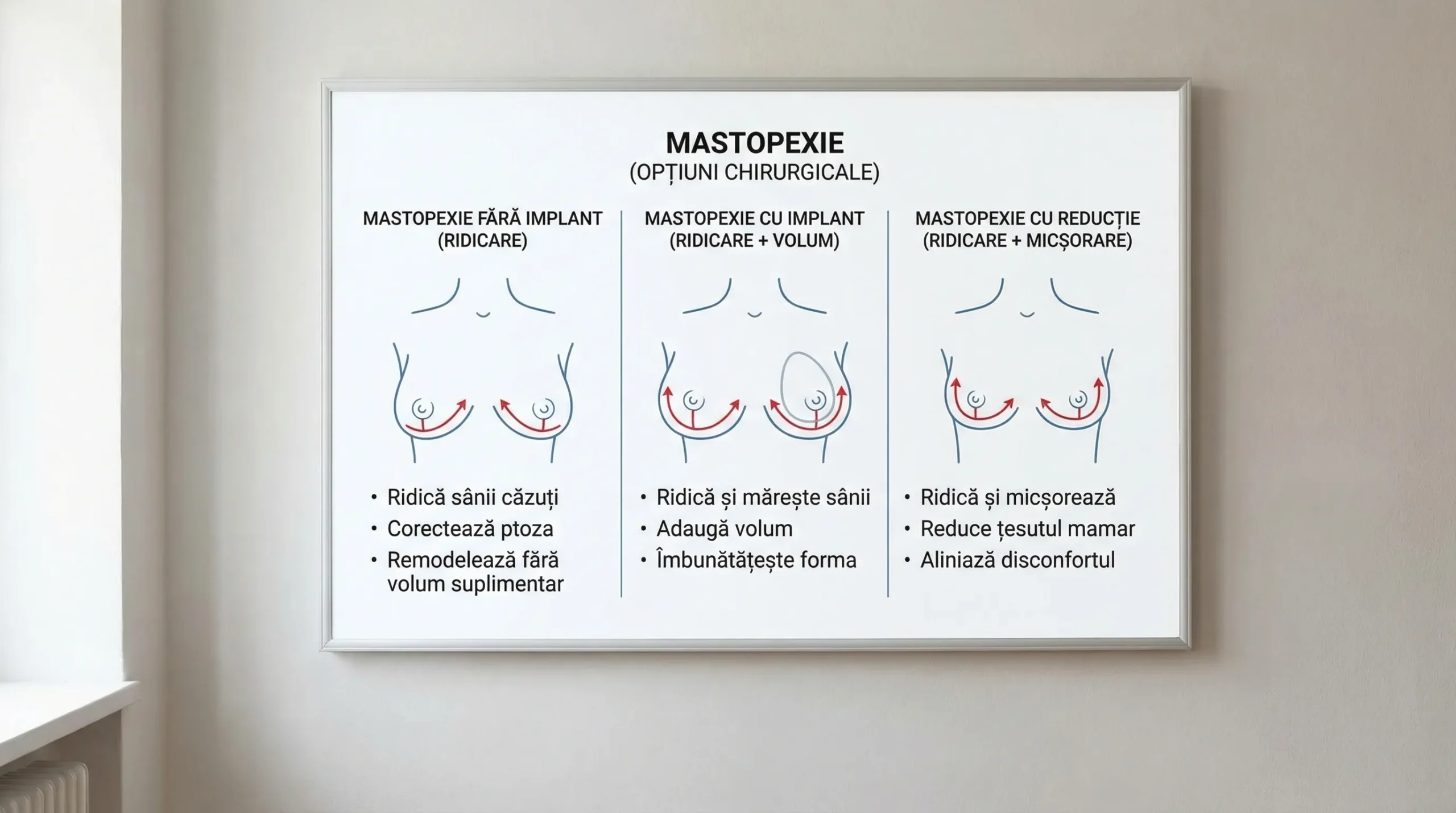 Ilustrație medicală simplificată cu trei coloane: mastopexie fără implant (ridicare), mastopexie cu implant (ridicare + volum) și mastopexie cu reducție (ridicare + micșorare). În fiecare coloană apar schematic cicatricile tipice și ce se corectează.