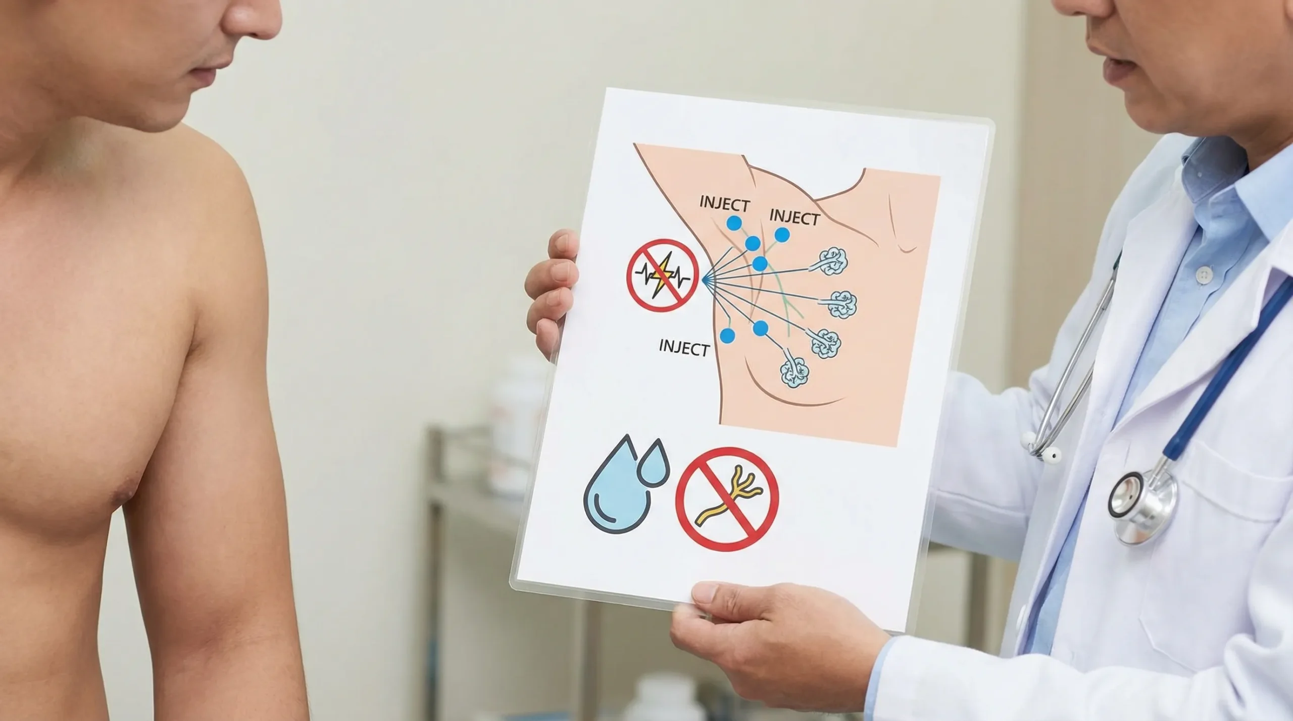 Toxină botulinică pentru transpirație: când merită și când se vede efectul Ilustrație medicală simplificată cu zona axilară împărțită în puncte de injectare pentru hiperhidroză, alături de o picătură de transpirație și un simbol de „blocare” a semnalului nervos către glande.