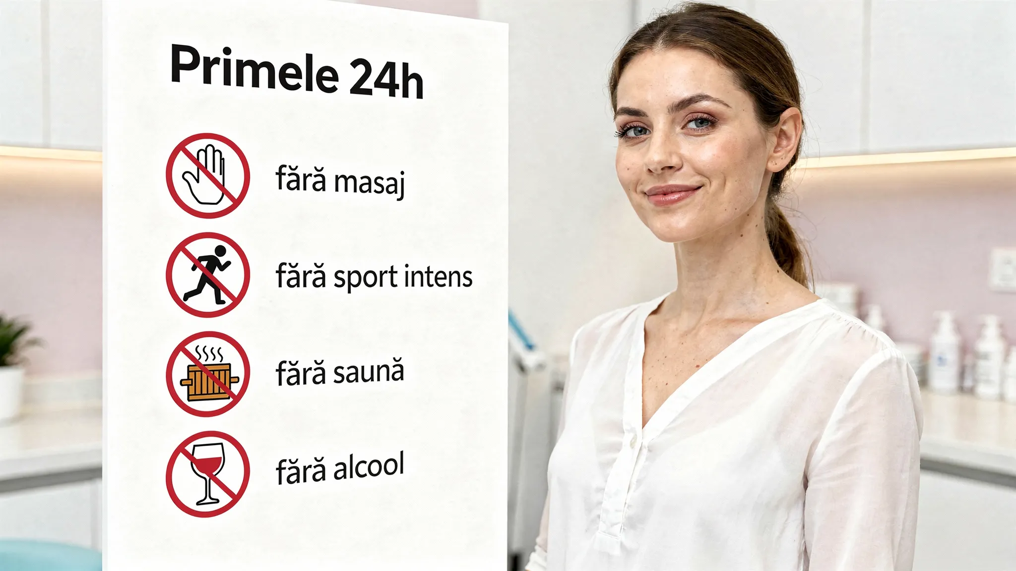 Ilustrație realistă într-un cabinet medical estetic, cu o pacientă în poziție verticală după injectare, iar lângă ea o listă vizuală simplă „Primele 24h: fără masaj, fără sport intens, fără saună, fără alcool”, cu simboluri clare.