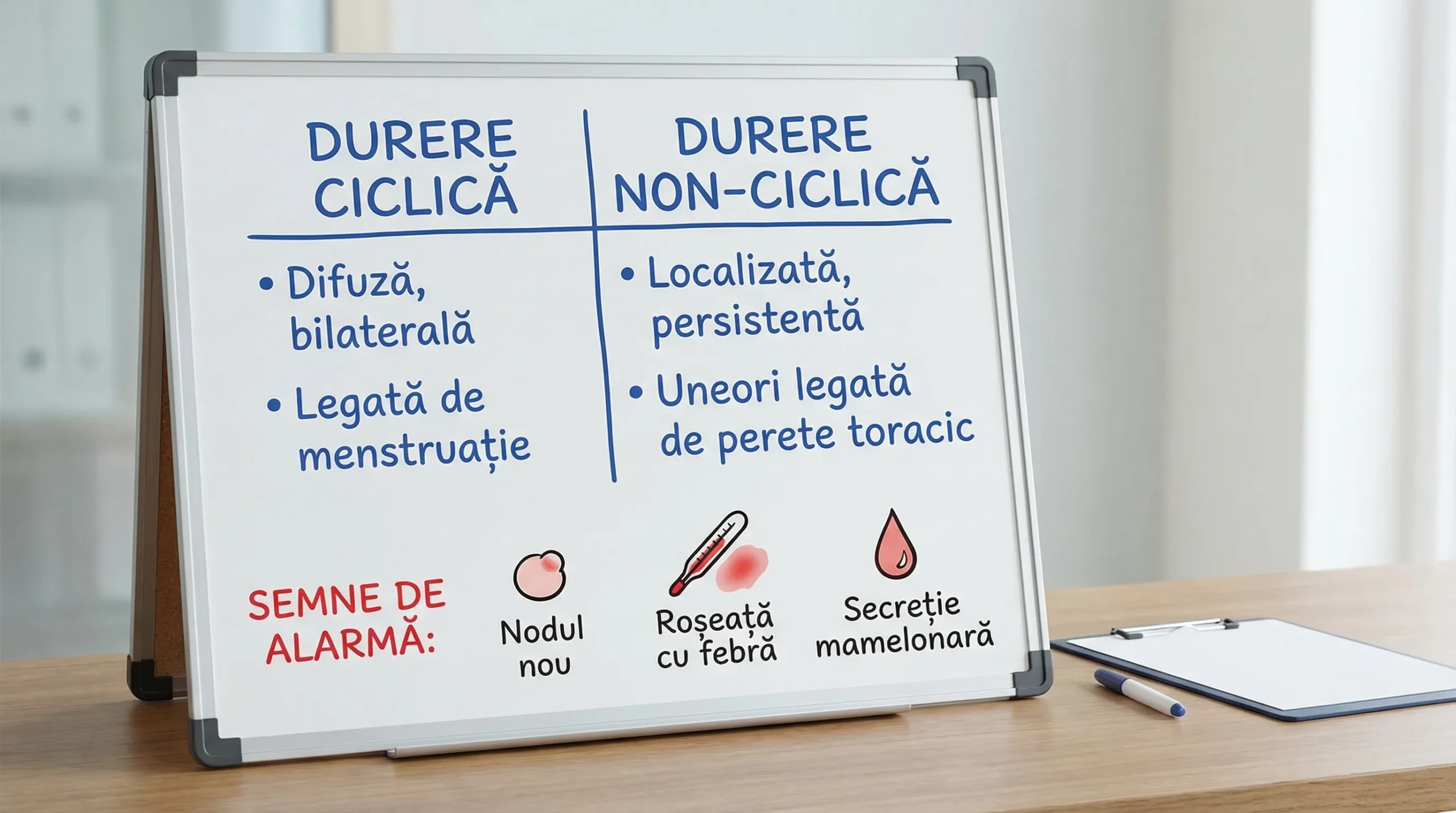 Ilustrație simplă cu două coloane: durere ciclică (difuză, bilaterală, legată de menstruație) versus durere non-ciclică (localizată, persistentă, uneori legată de perete toracic), plus trei pictograme pentru semne de alarmă: nodul nou, roșeață cu febră, secreție mamelonară.