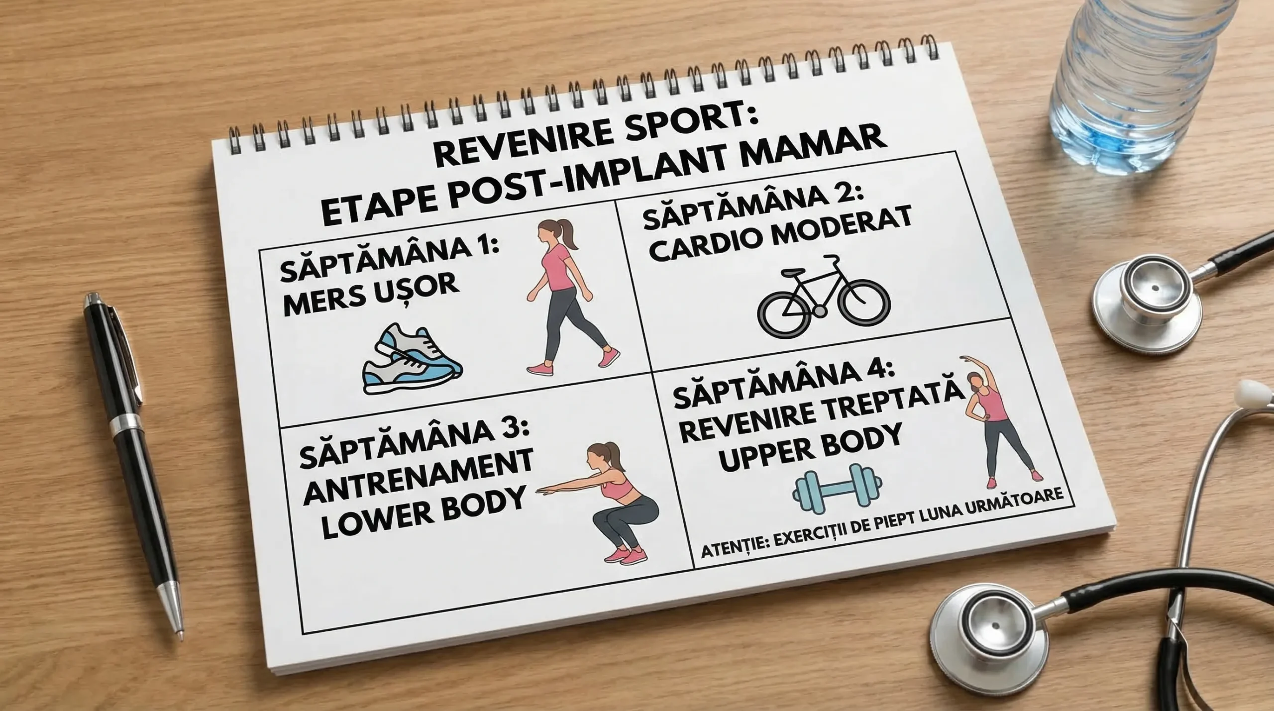 Ilustrație tip calendar pe săptămâni cu etapele revenirii la sport după implant mamar: mers ușor, cardio moderat, antrenament lower body, apoi revenire treptată la upper body și exerciții de piept.