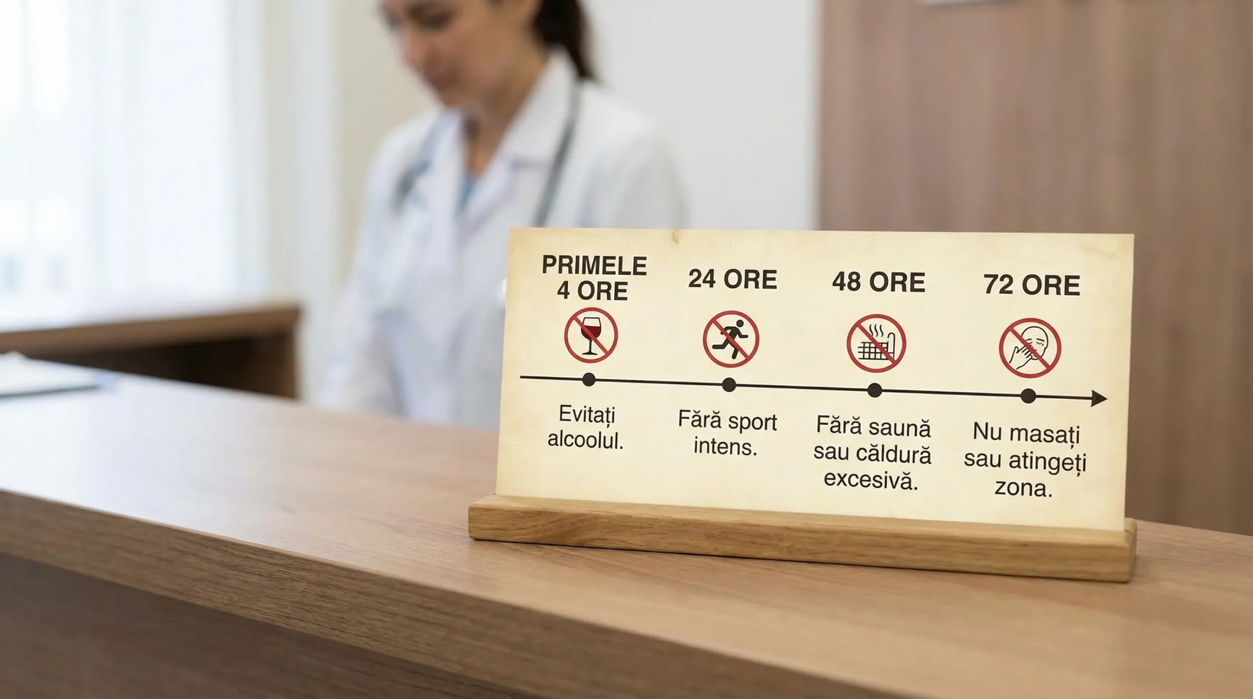 Ilustrație tip timeline cu recomandări după injectarea toxinei botulinice: primele 4 ore, 24 ore, 48 ore, 72 ore, cu pictograme pentru alcool, sport, saună și atingerea feței.