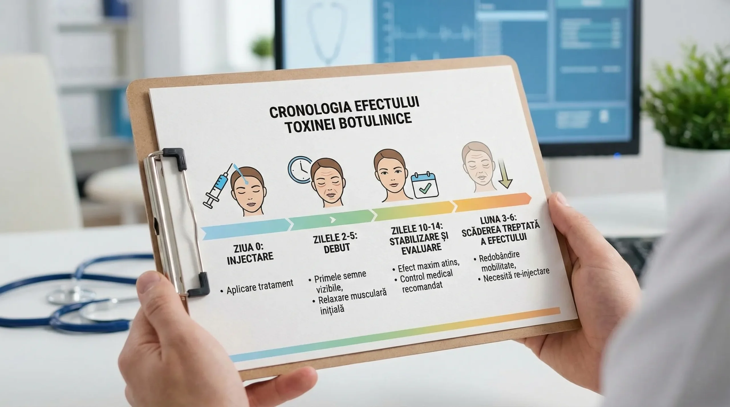 Infografic cu timeline-ul efectului toxinei botulinice: ziua 0 (injectare), zilele 2-5 (debut), zilele 10-14 (stabilizare si evaluare), luna 3-6 (scaderea treptata a efectului).
