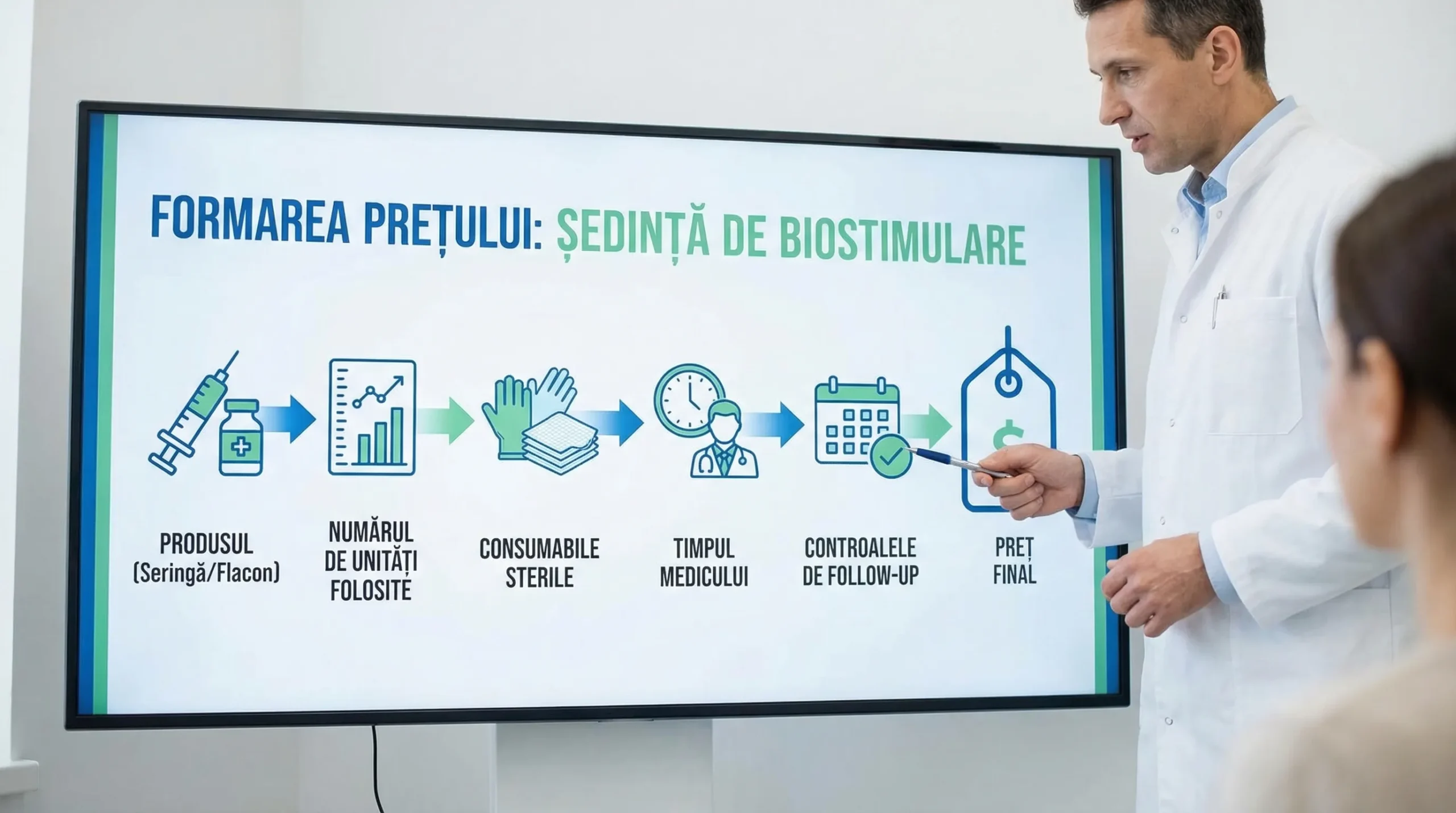 Infografic medical simplu care arată cum se formează prețul unei ședințe de biostimulare: produsul (seringă/flacon), numărul de unități folosite, consumabile sterile, timpul medicului și controalele de follow-up.