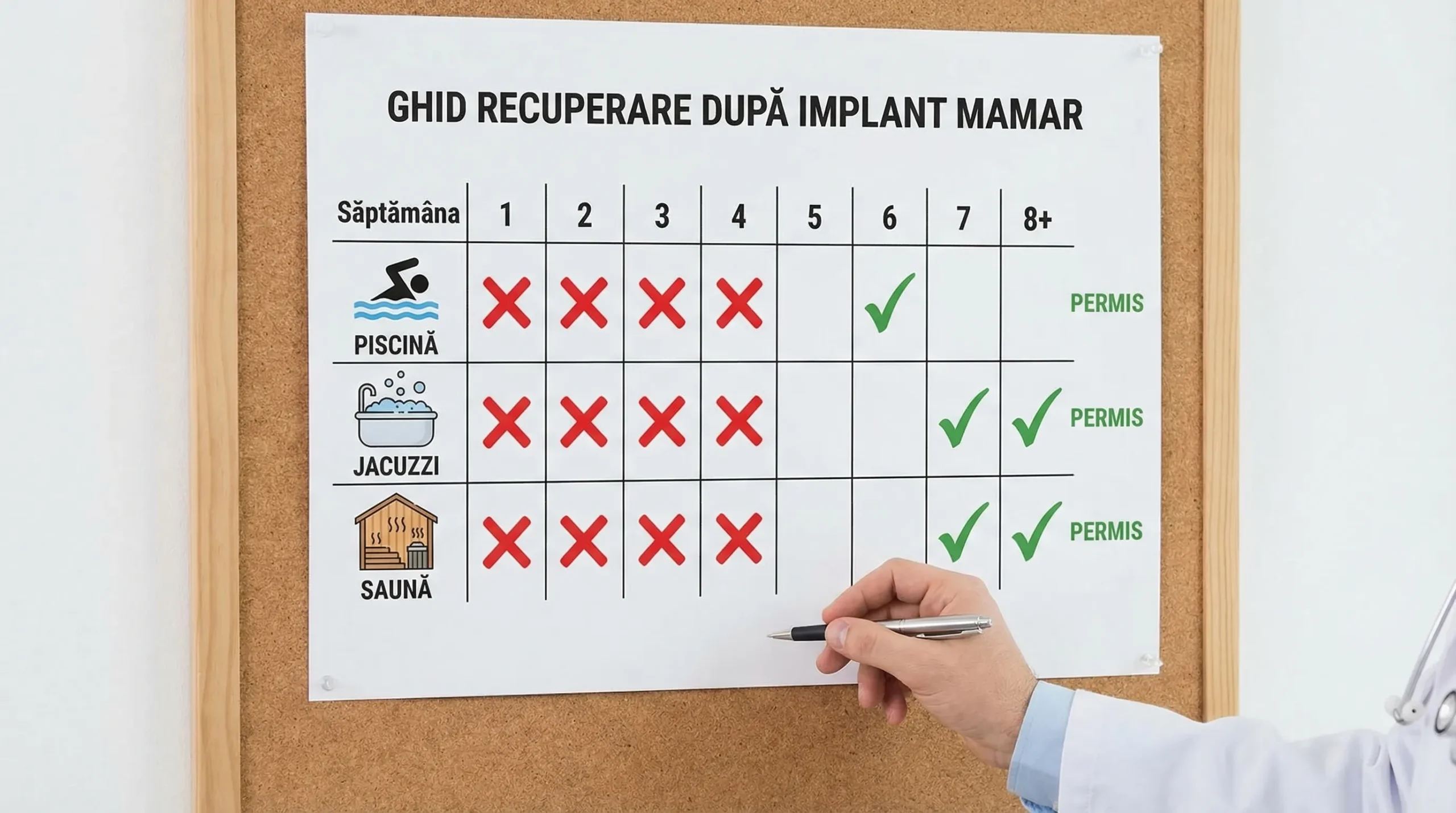 Infografic medical simplu cu un calendar pe săptămâni (1-8+) care arată cu pictograme când sunt permise piscina, jacuzzi și sauna după implant mamar.
