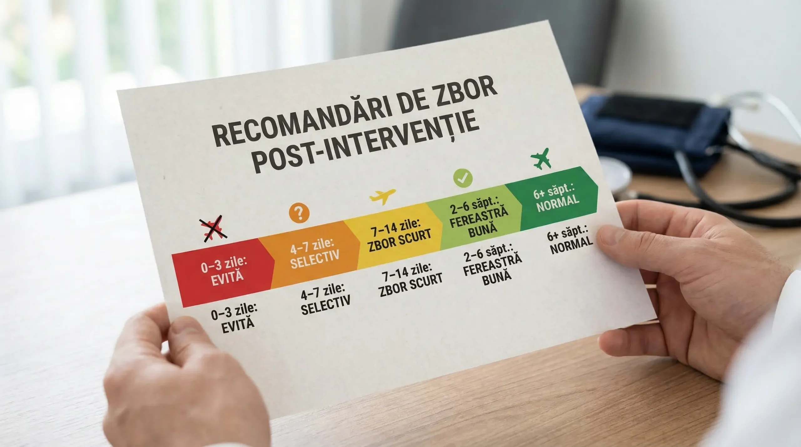 Infografic simplu tip timeline cu 5 repere: 0–3 zile (evită), 4–7 zile (selectiv), 7–14 zile (zbor scurt), 2–6 săpt. (fereastră bună), 6+ săpt. (normal).