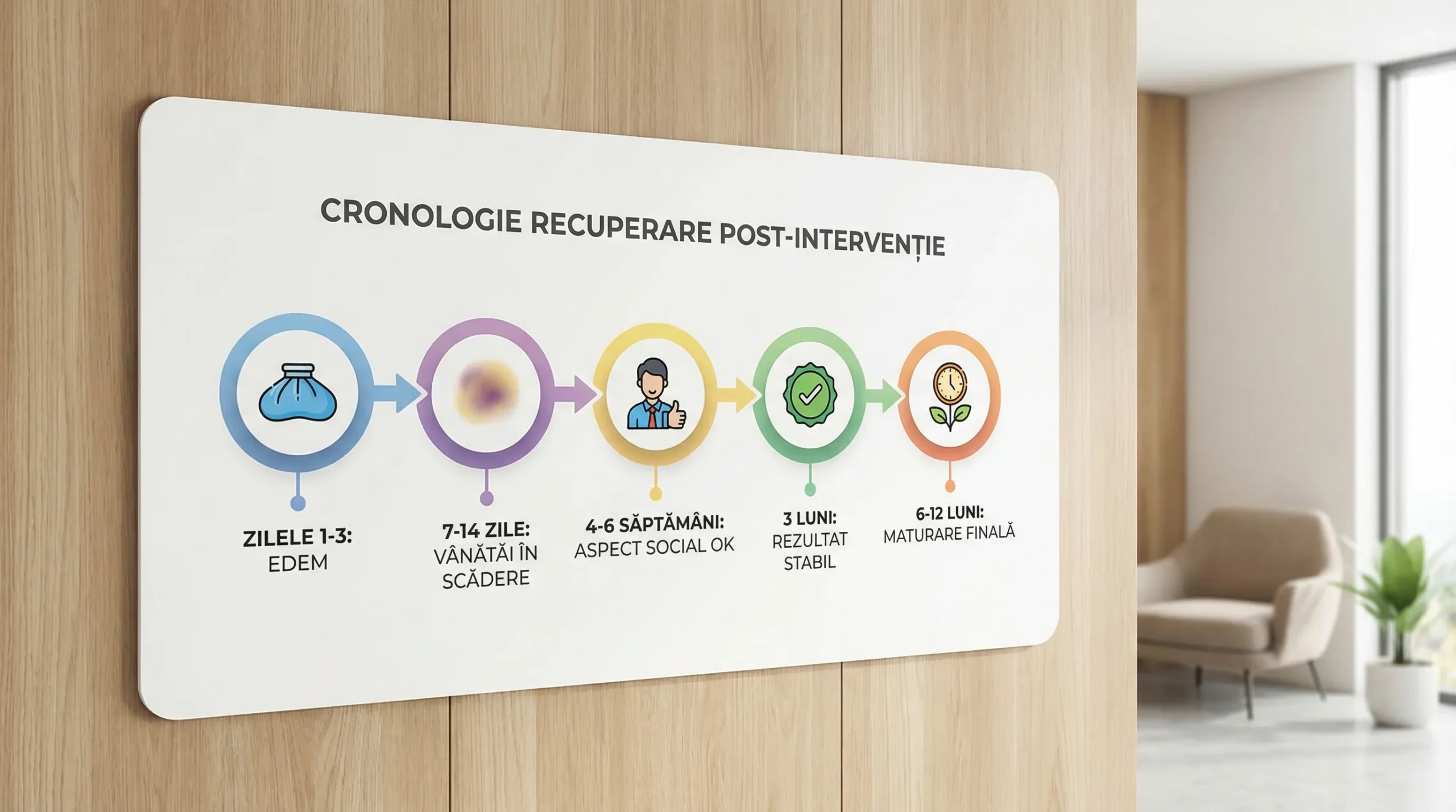 Blefaroplastie inferioară: când ai nevoie și ce rezultate vezi Infografic simplu tip timeline, în 5 repere: zilele 1-3 edem, 7-14 zile vânătăi în scădere, 4-6 săptămâni aspect social ok, 3 luni rezultat stabil, 6-12 luni maturare finală.