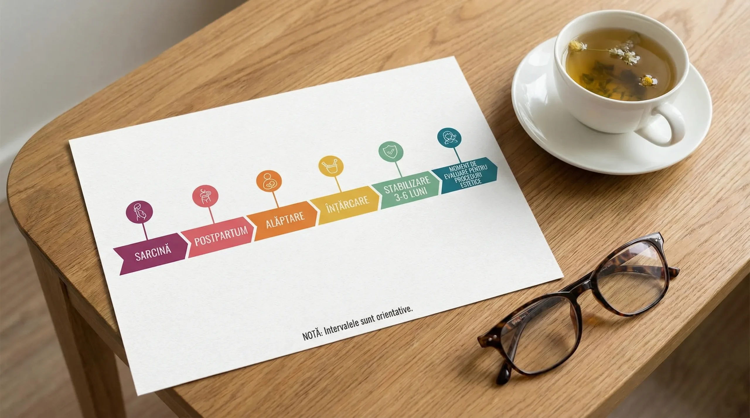 Infografic tip timeline cu etape după naștere: sarcină, postpartum, alăptare, înțărcare, stabilizare 3-6 luni, moment de evaluare pentru proceduri estetice, cu mențiunea că intervalele sunt orientative.