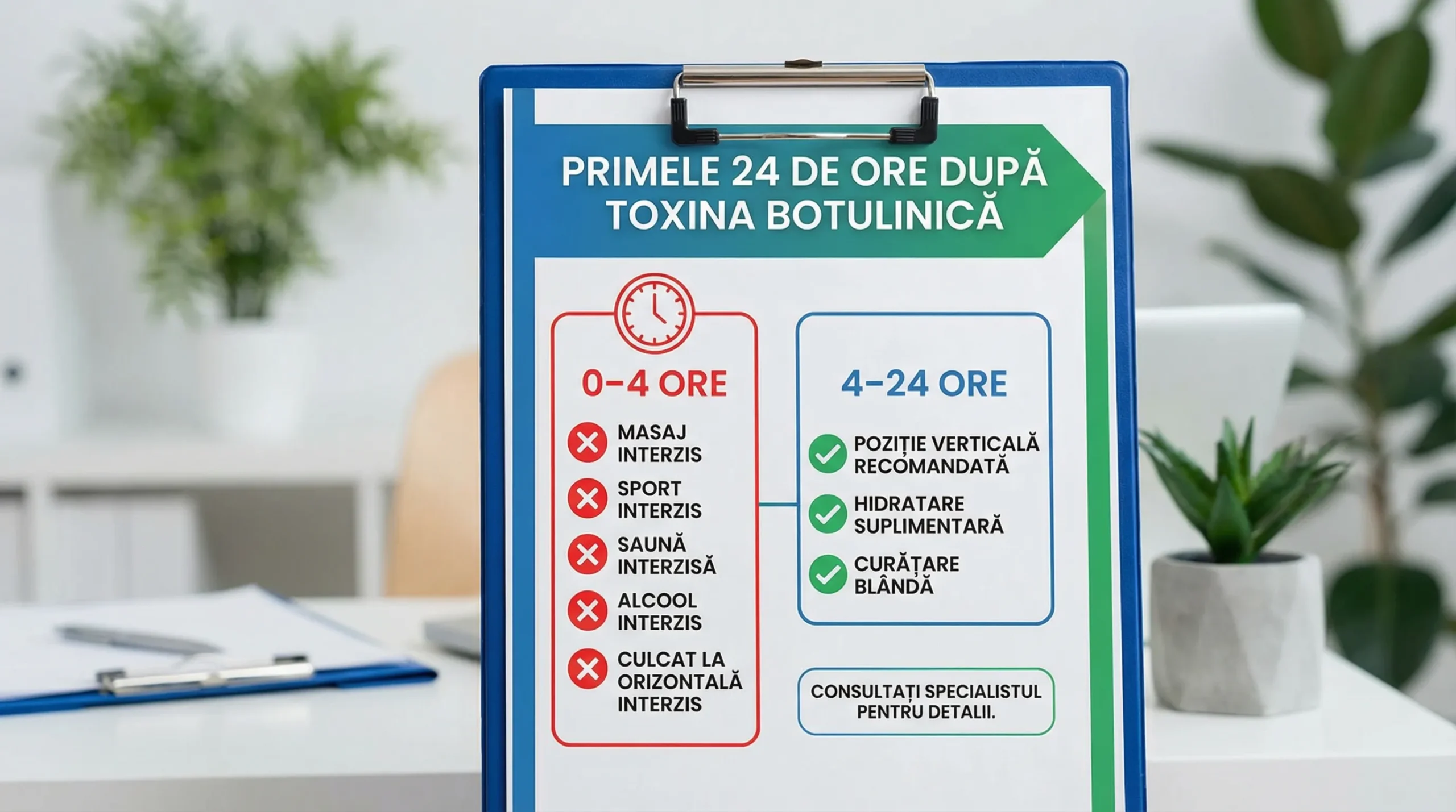 Infografic tip timeline despre primele 24 de ore după toxina botulinică, împărțit pe intervale 0–4 ore și 4–24 ore, cu iconițe pentru interdicții: masaj, sport, saună, alcool, culcat la orizontală și recomandări: poziție verticală, hidratare, curățare blândă.