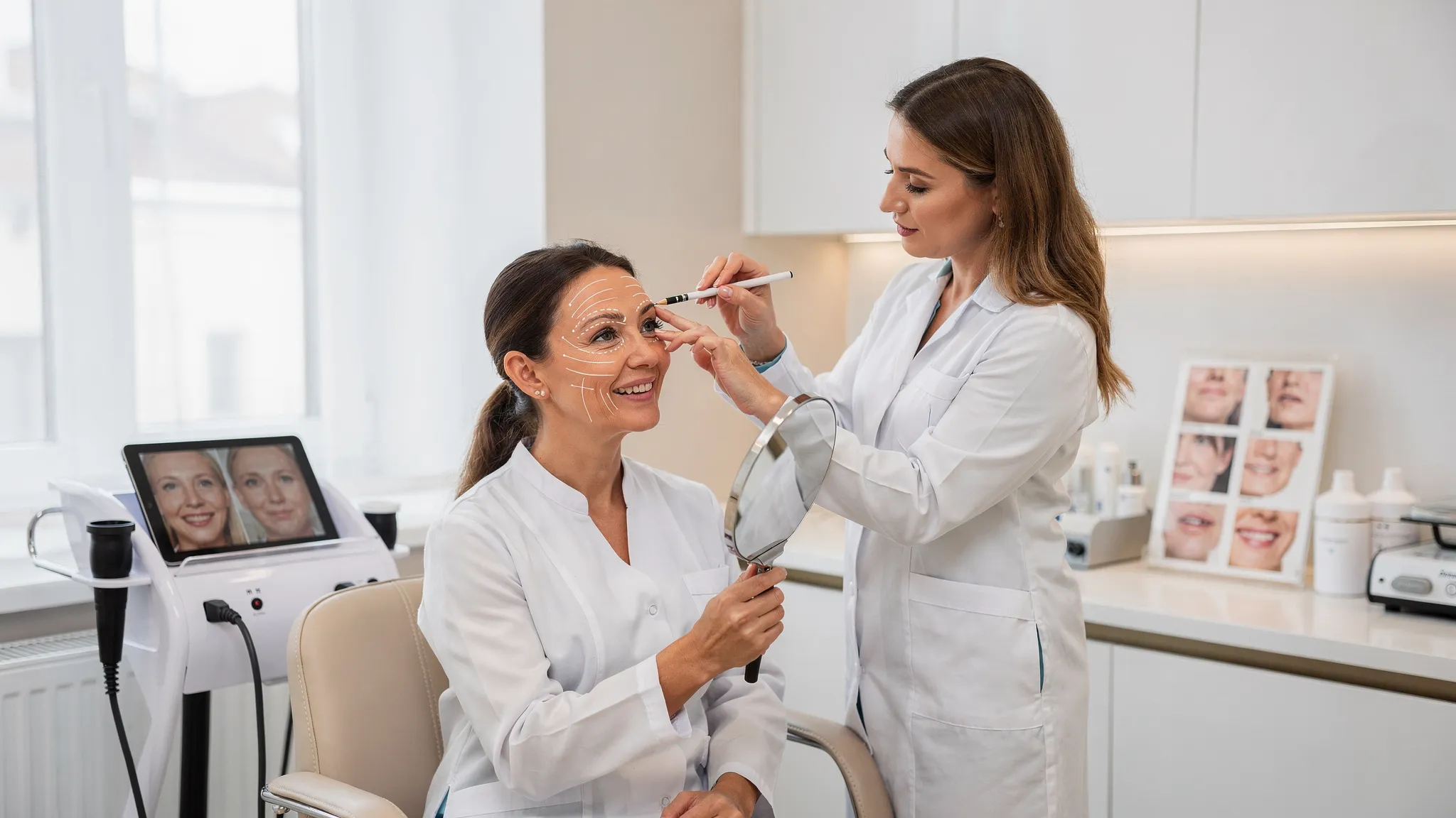 Toxină botulinică natural: plan personalizat fără „față înghețată” Medic estetician analizează mimica unei paciente în lumină naturală, cu oglindă și fotografii standardizate, explicând zonele de tratament cu toxină botulinică pentru un rezultat expresiv.