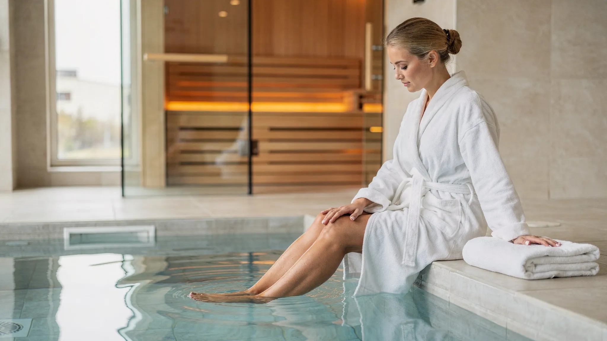 O femeie într-un spa modern, stând relaxată pe marginea unei piscine interioare, cu prosop și halat, iar în fundal se vede o saună din lemn. Scena sugerează prudență și revenire treptată după o intervenție.
