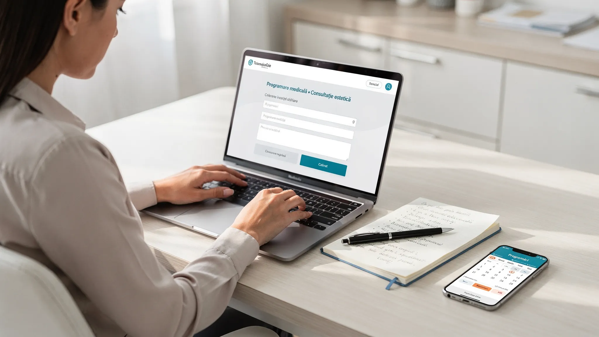 O persoană completează o programare medicală pe laptop la un birou luminos, cu un carnet de notițe lângă și un telefon așezat pe masă, sugerând organizare și planificare pentru o consultație estetică.