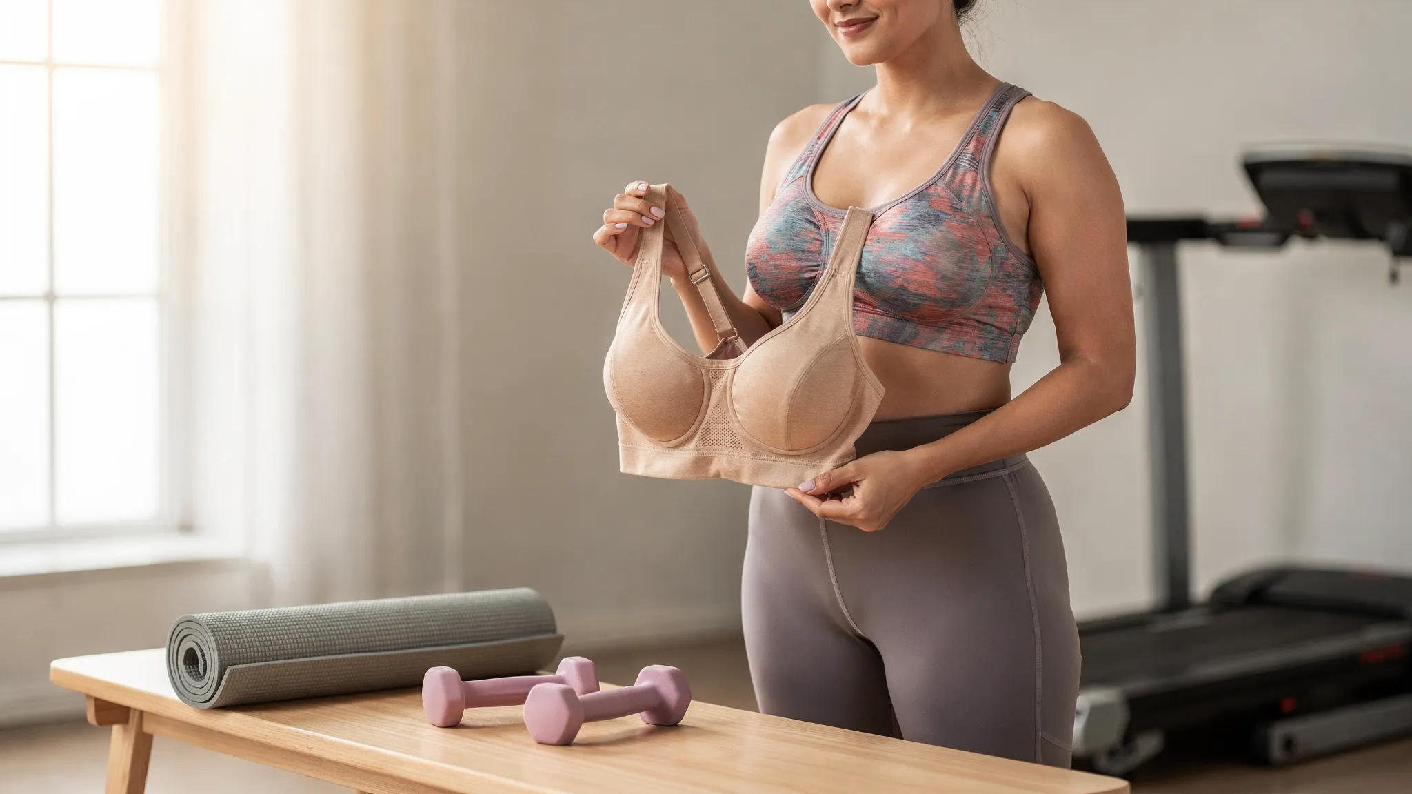 O persoană în ținută de sport ține în mână o bustieră medicală și un sutien sport, alături de gantere mici, sugerând tranziția graduală spre antrenamente ușoare după implant mamar.