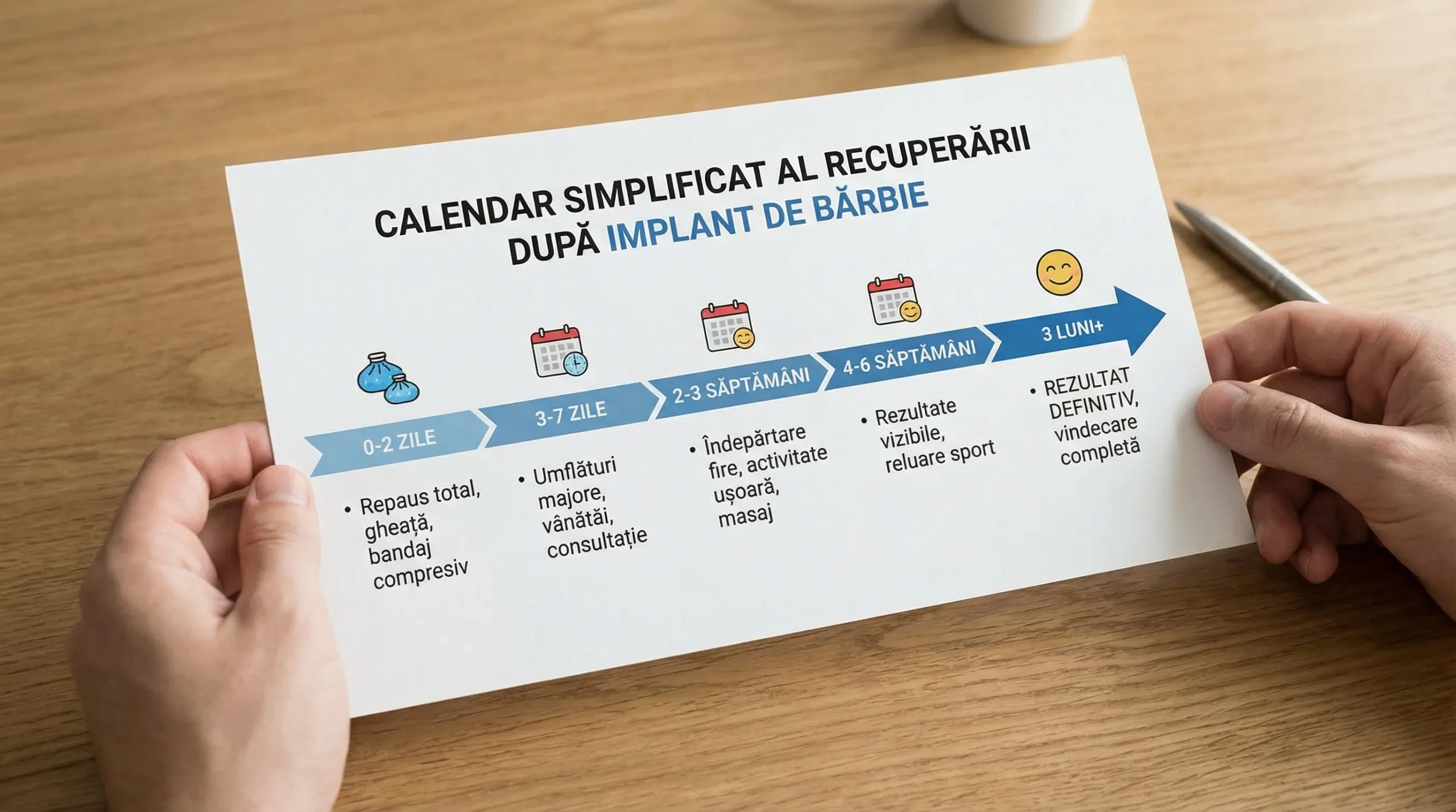 Calendar simplificat al recuperării după implant de bărbie, cu repere pe zile și săptămâni (0-2 zile, 3-7 zile, 2-3 săptămâni, 4-6 săptămâni, 3 luni), reprezentat ca o linie a timpului clară.
