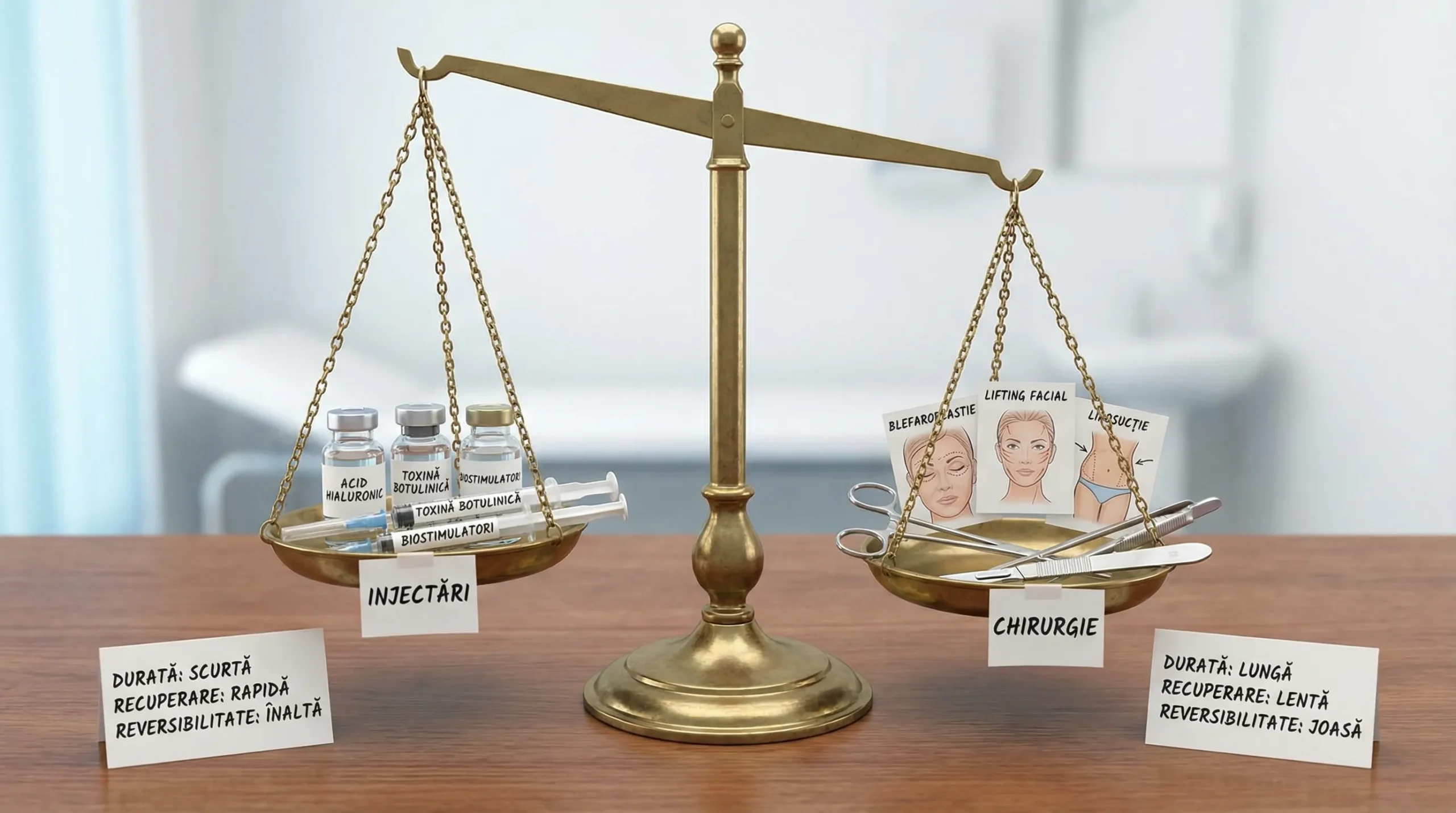 Ilustrație comparativă tip „balanță”: în stânga injectări (acid hialuronic, toxină botulinică, biostimulatori) și în dreapta chirurgie (blefaroplastie, lifting facial, liposucție), cu criterii simple sub fiecare: durată, recuperare, reversibilitate.