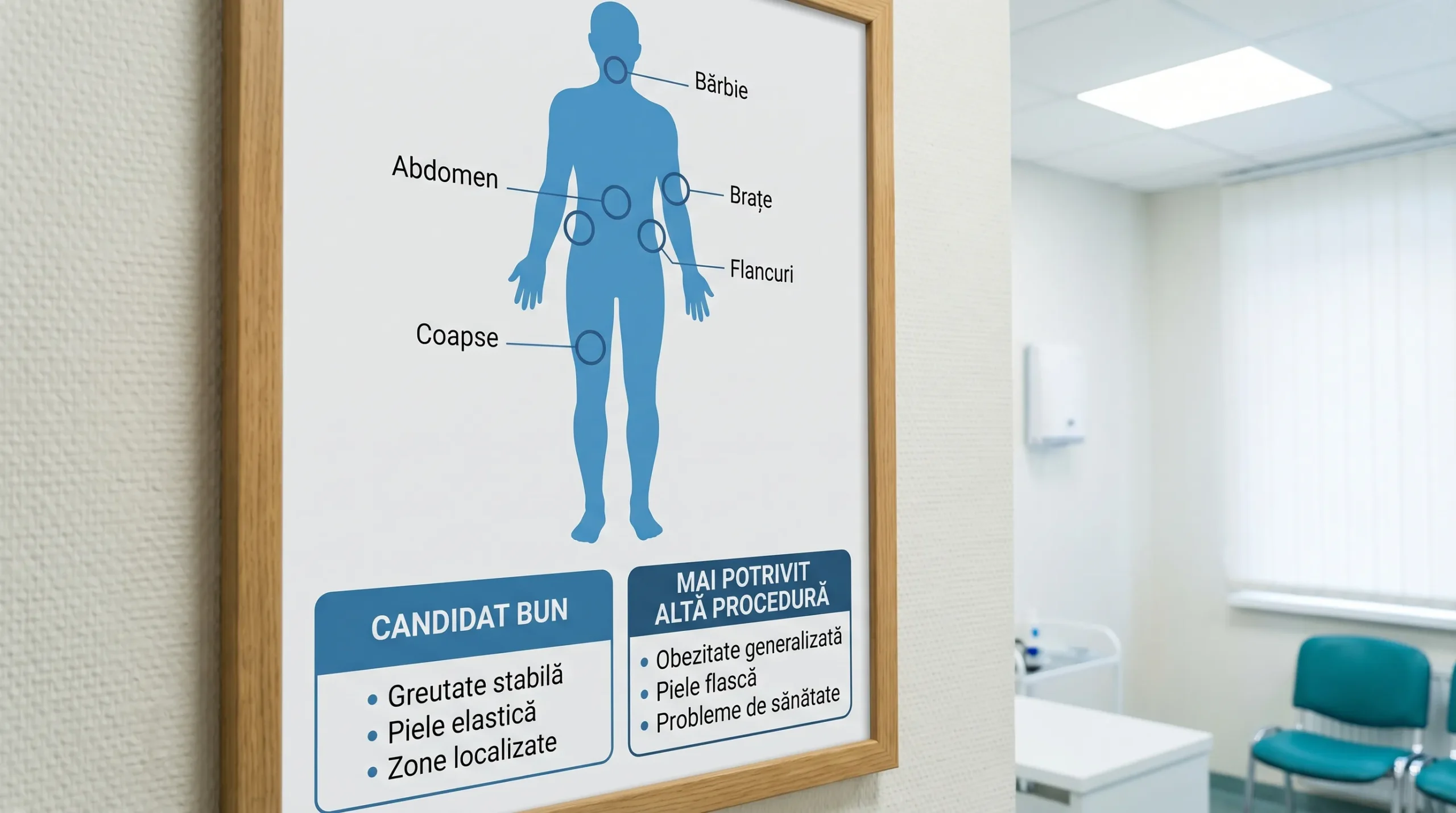 Ilustrație educațională cu o siluetă umană simplificată și marcaje pe zone frecvent tratate prin liposucție (abdomen, flancuri, coapse, brațe, bărbie), plus două casete „candidat bun” și „mai potrivit altă procedură”, fiecare cu 3 criterii scurte.