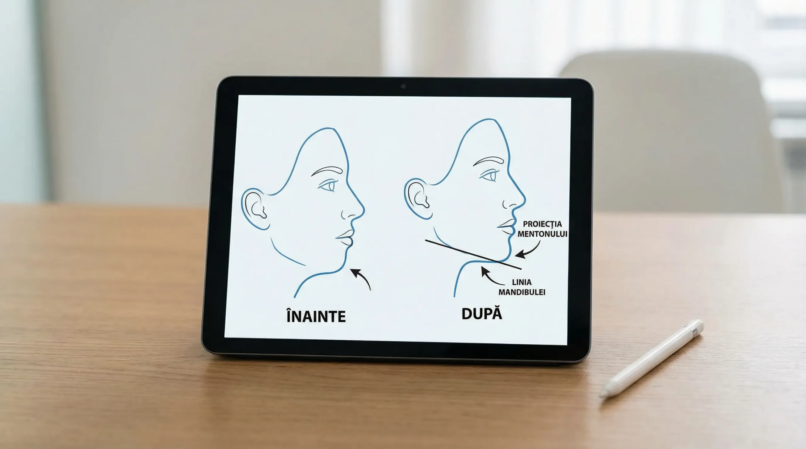 Ilustrație medicală simplă cu profil facial înainte și după augmentarea bărbiei, evidențiind proiecția mentonului și linia mandibulei, fără detalii grafice.