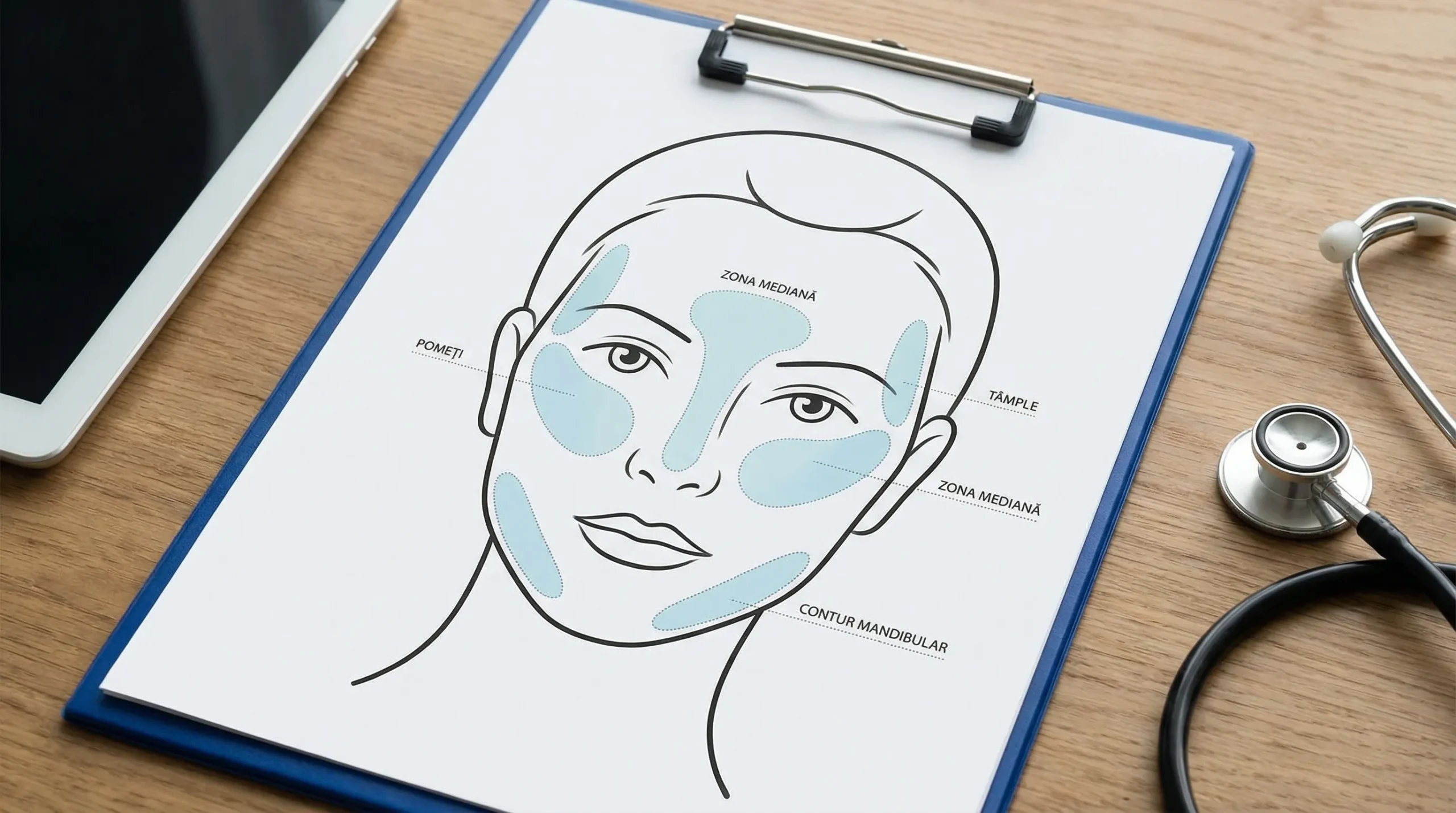 Ilustrație medicală simplificată a feței, cu zone frecvent tratate prin lipofilling facial evidențiate discret: pomeți, tâmple, zona mediană a feței și contur mandibular.