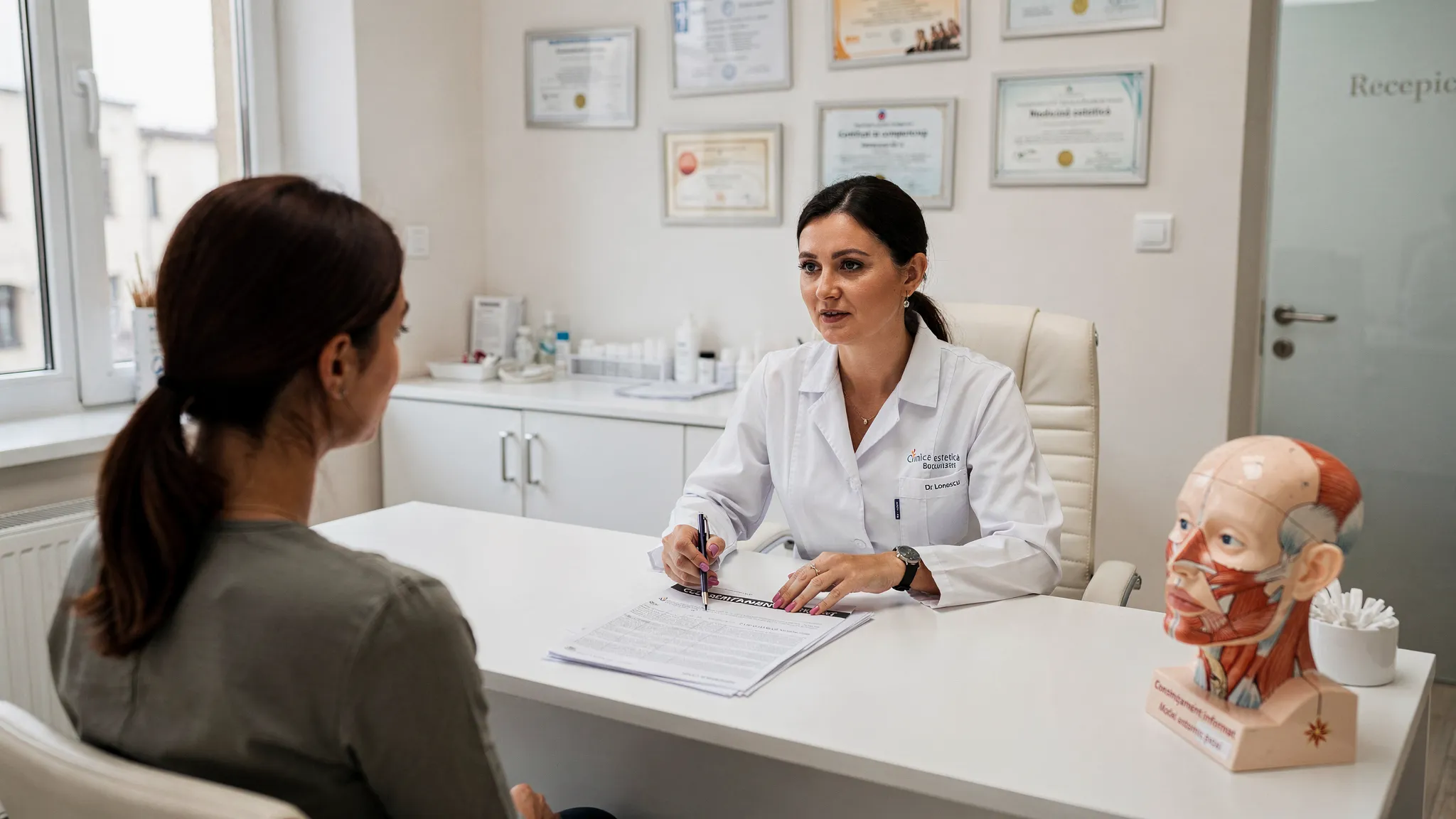 O consultație într-o clinică estetică modernă din București: un medic în halat discută cu un pacient la birou, cu formulare de consimțământ informat și un model anatomic pe masă; în fundal se văd discret diplome sau certificări pe perete și un spațiu curat, medical.