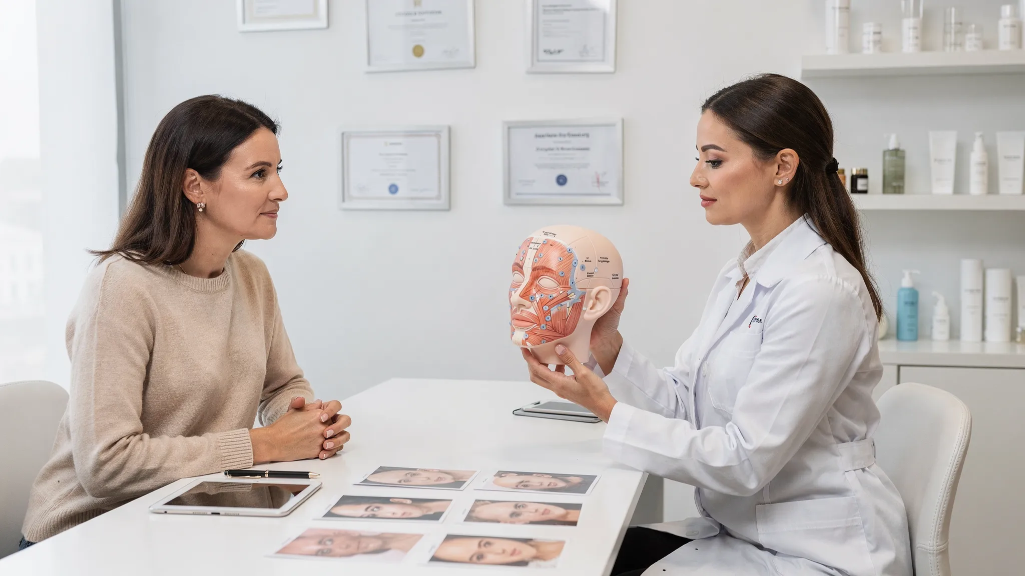 O consultație medicală într-o clinică estetică modernă, cu medicul discutând cu pacientul despre planul de injectare cu acid hialuronic folosind un model anatomic al feței și fotografii standardizate pe masă.