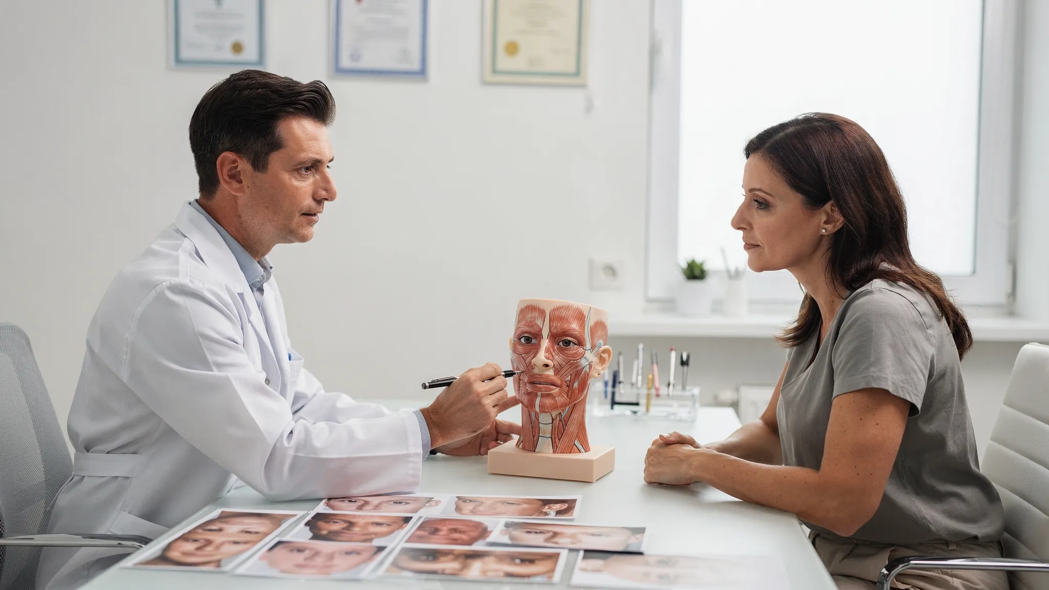 O consultație medicală într-un cabinet modern: medic chirurg estetician discută cu un pacient, folosind fotografii standardizate și un model anatomic facial pentru a explica obiectivele și limitele unui rezultat natural.