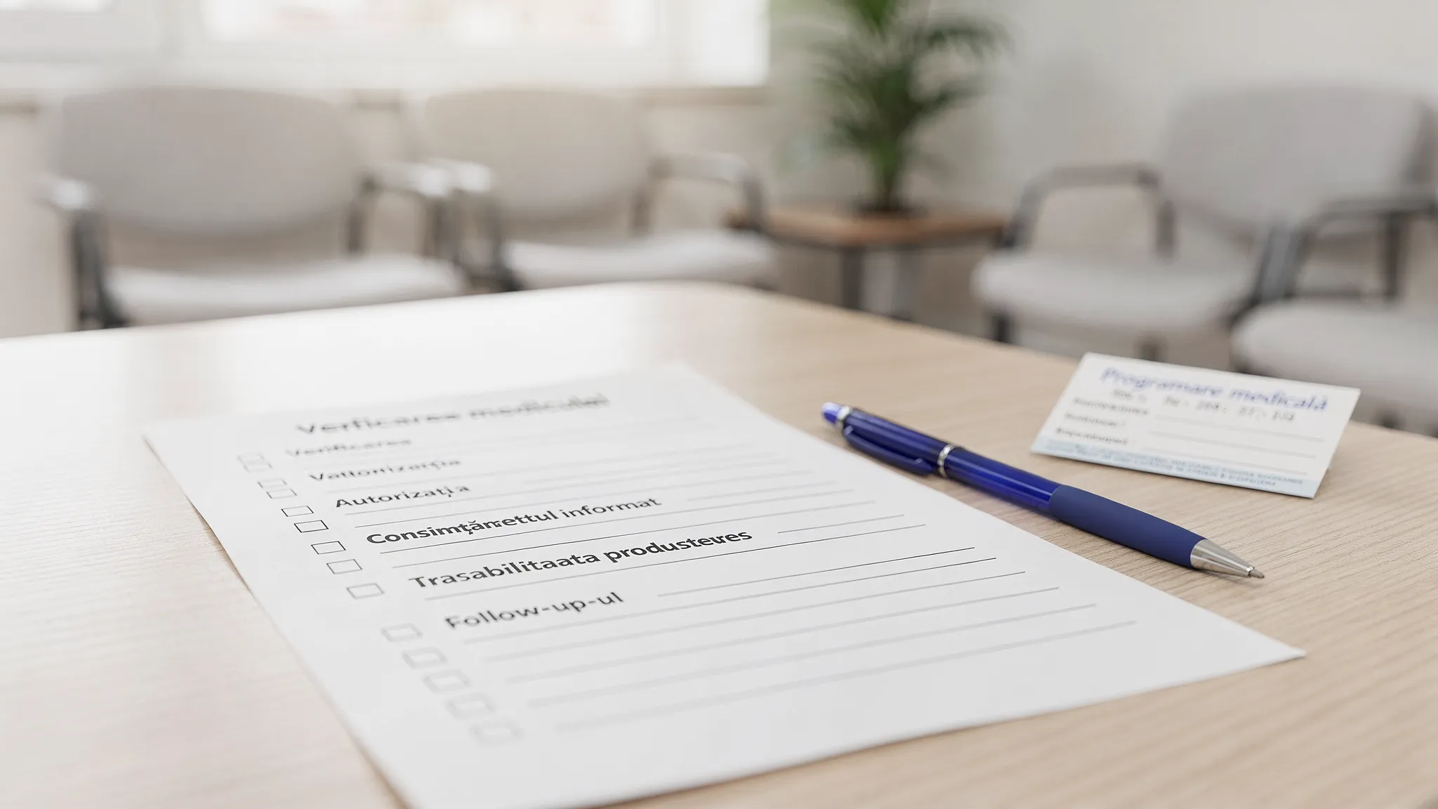 O foaie tip checklist pe o masă într-o sală de așteptare medicală: rubrici pentru verificarea medicului, autorizației, consimțământului informat, trasabilității produselor și follow-up-ului; lângă ea un pix și un card de programare.